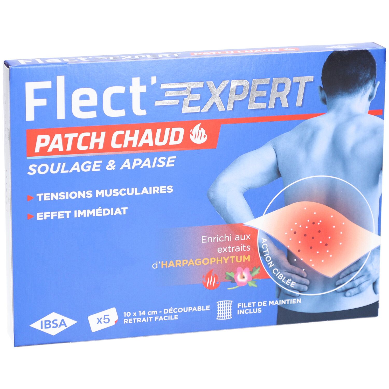 Boîte bleue Flect'Expert Patch Chaud. Homme avec mal de dos. Texte: Patch Chaud, Soulage & Apaise.