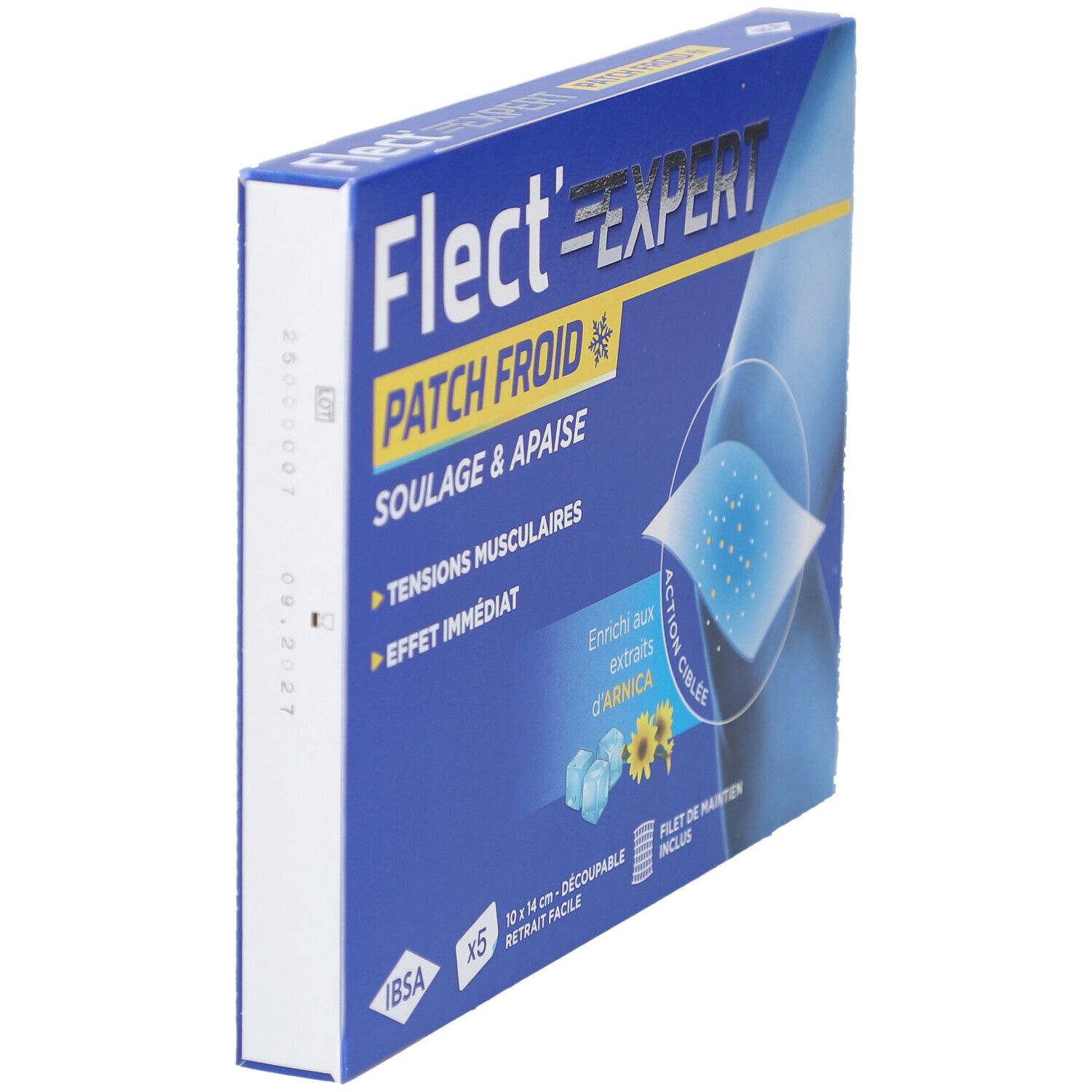 Boîte bleue Flect'Expert Patch Froid en biais. Contient 5 patchs. Texte et dates visibles. Ingrédients : Arnica.