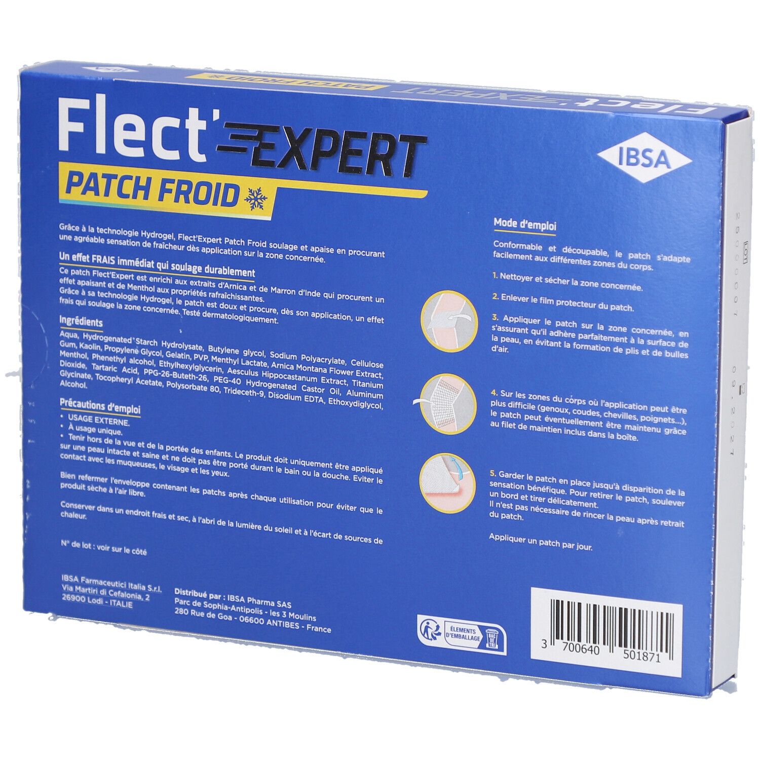 Dos de la boîte bleue Flect'Expert Patch Froid. Texte sur l'utilisation et les ingrédients. Avec illustrations.