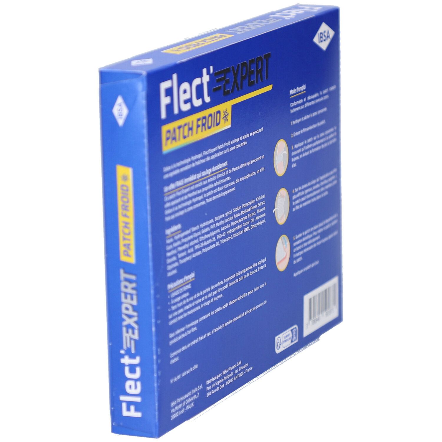Boîte bleue Flect'Expert Patch Froid en biais. Texte sur l'emballage. Avec illustrations. Ingrédients : Arnica.
