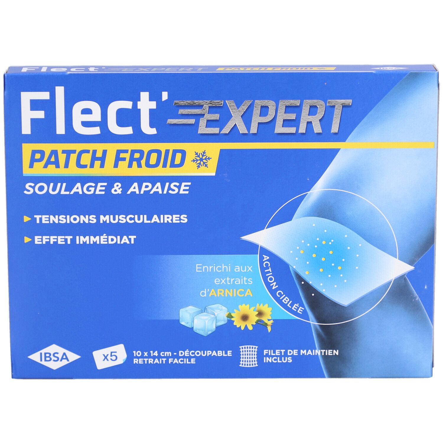 Boîte bleue Flect'Expert Patch Froid. Contient 5 patchs. Illustration d'un genou et d'un patch. Avec Arnica.