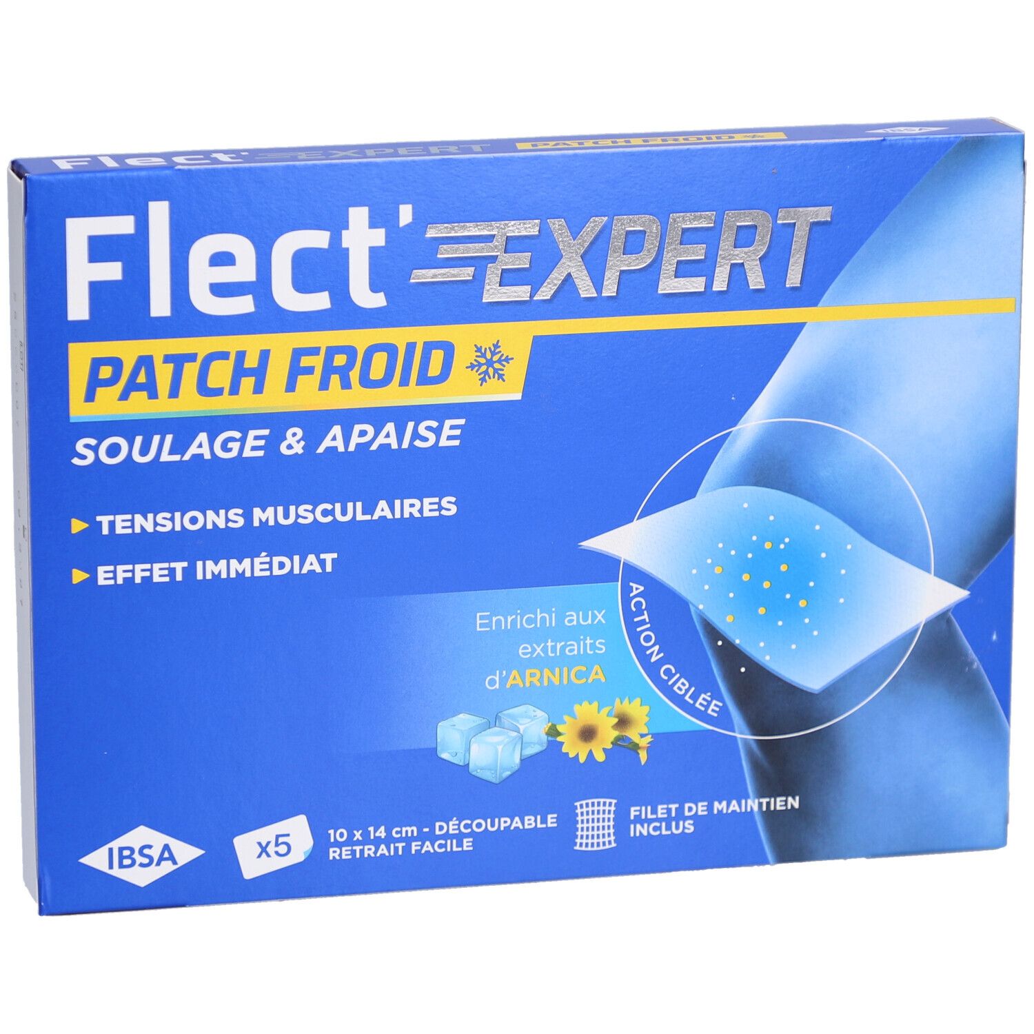 Boîte bleue Flect'Expert Patch Froid. Contient 5 patchs. Illustration d'un genou et d'un patch. Avec Arnica.