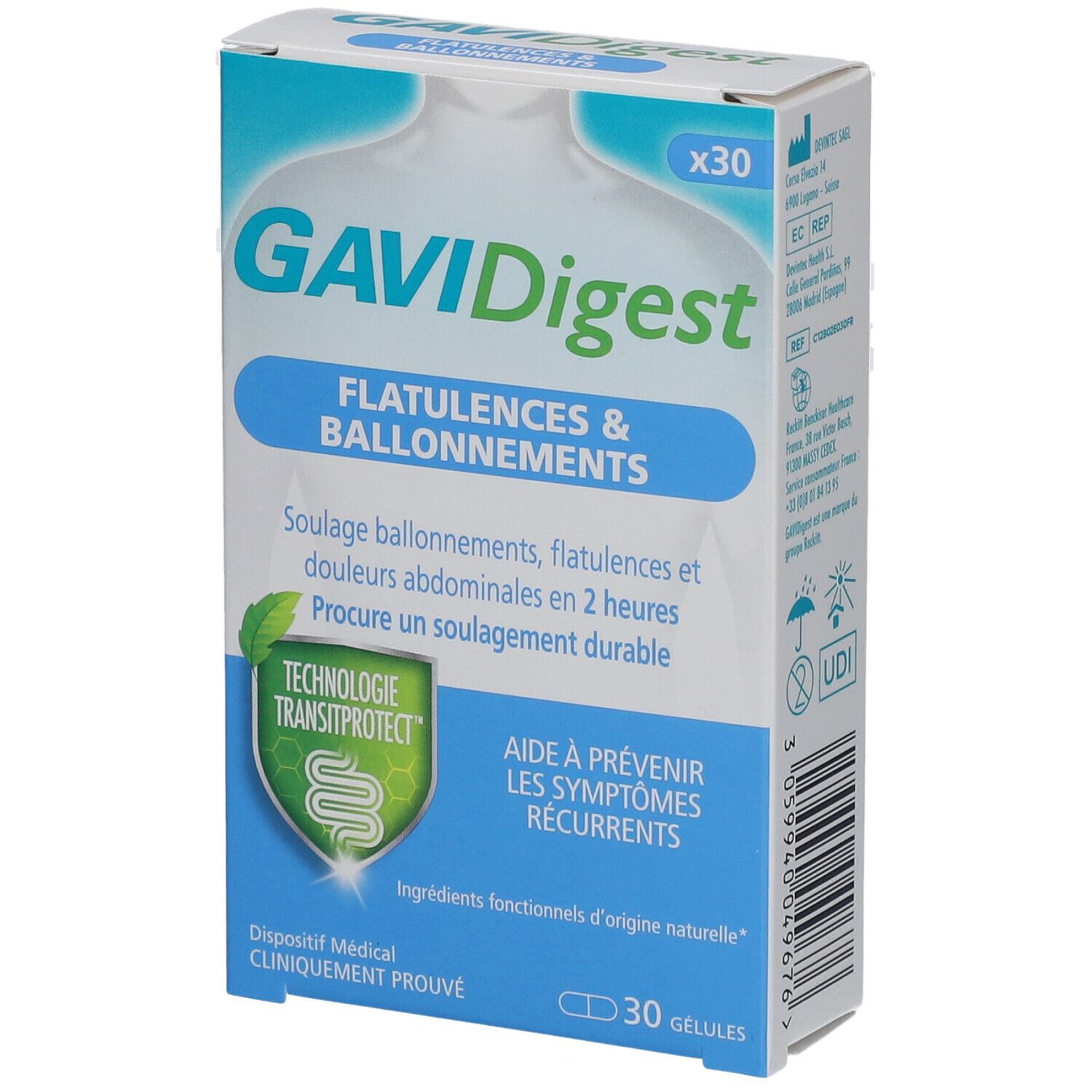 Boîte GAVIDigest. Boîte bleue et blanche avec nom du produit et indications pour les flatulences et ballonnements. 30 gélules.