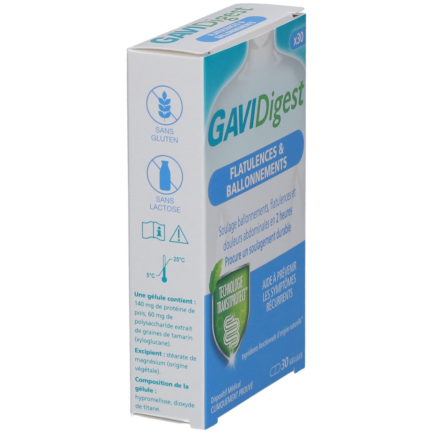 Boîte GAVIDigest. Boîte bleue et blanche avec informations sur le produit. Contient des détails sur les ingrédients et les certifications.