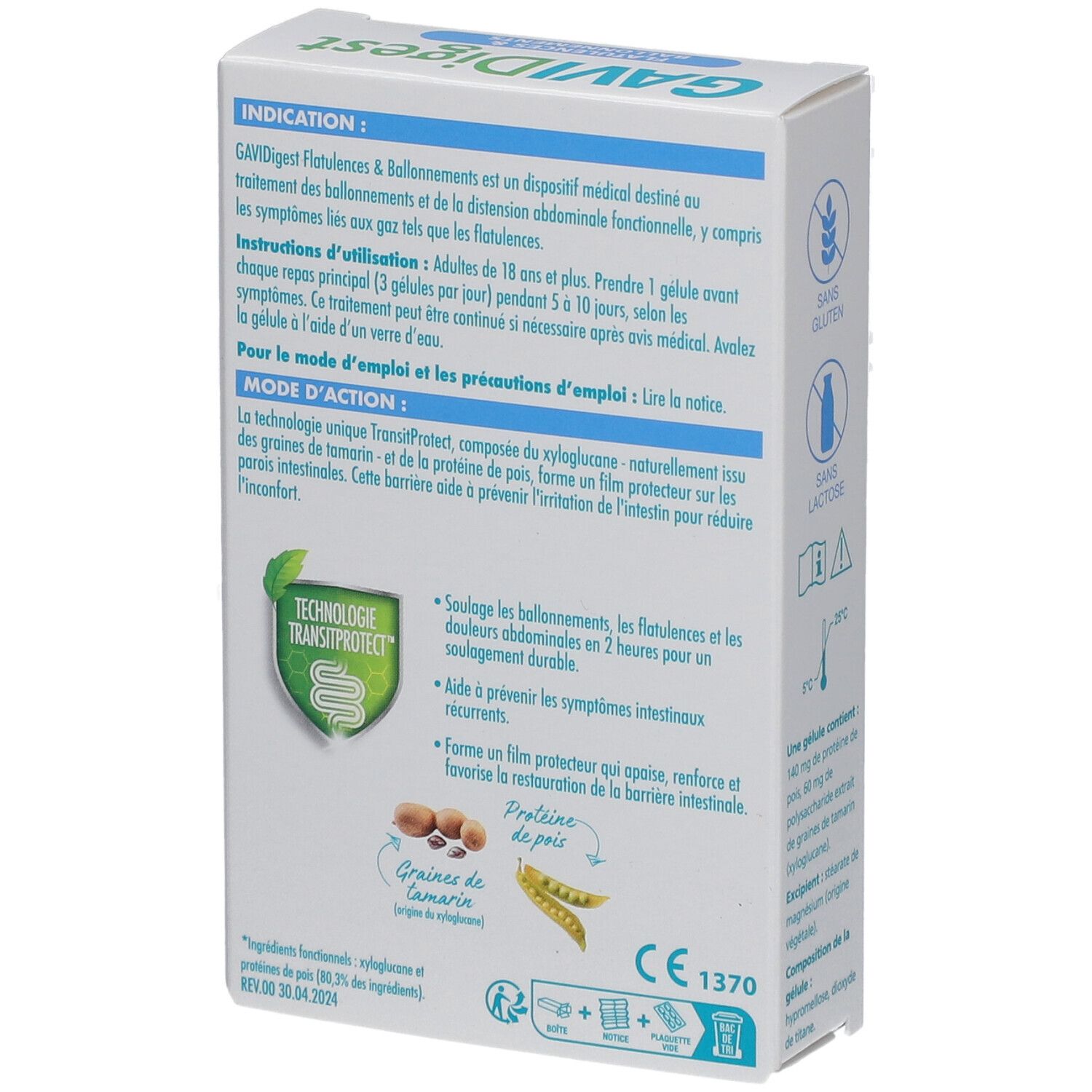 Boîte GAVIDigest. Dos de la boîte bleue et blanche avec informations sur le produit et mode d'emploi.