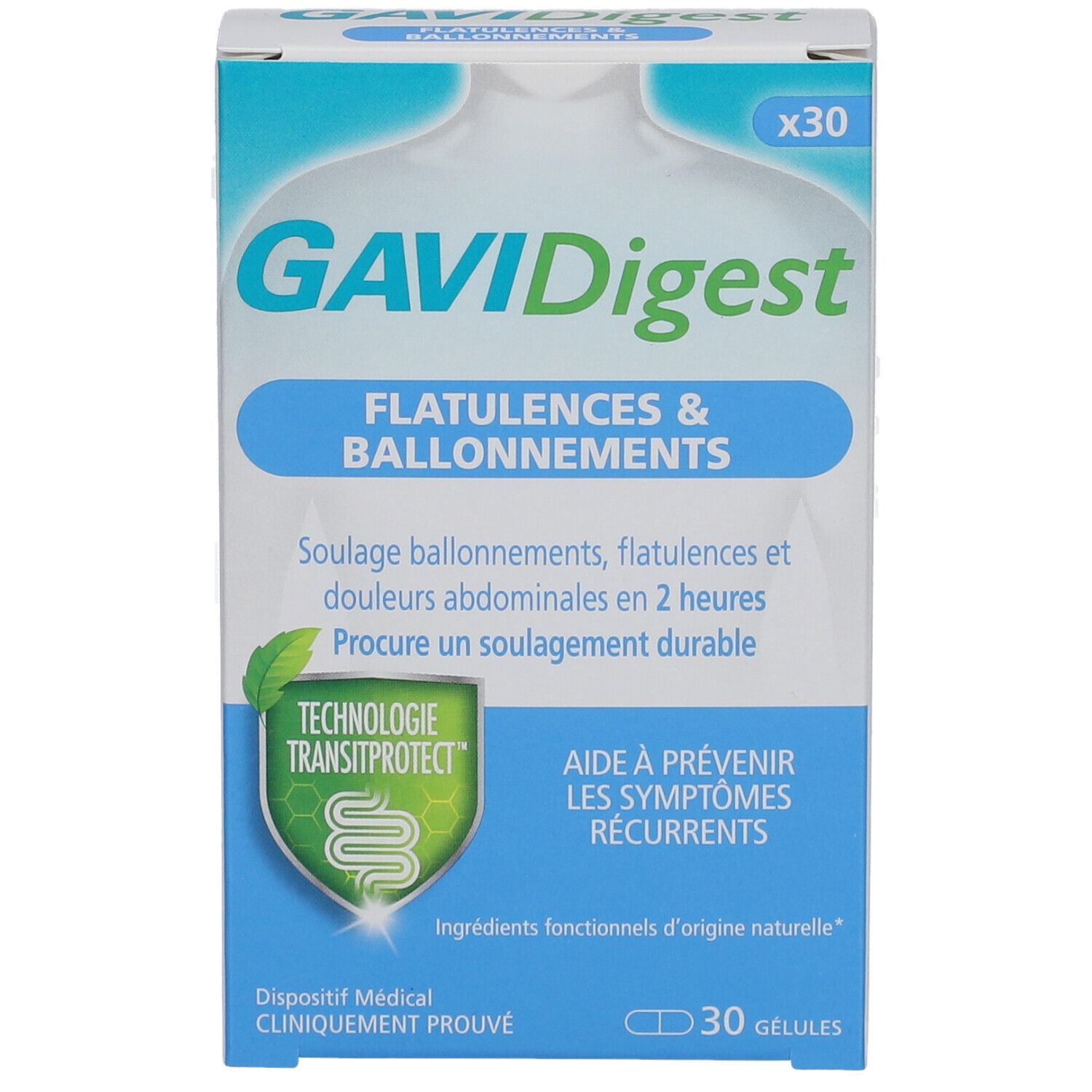 Boîte GAVIDigest. Boîte bleue et blanche avec nom du produit et indications pour les flatulences et ballonnements. 30 gélules.