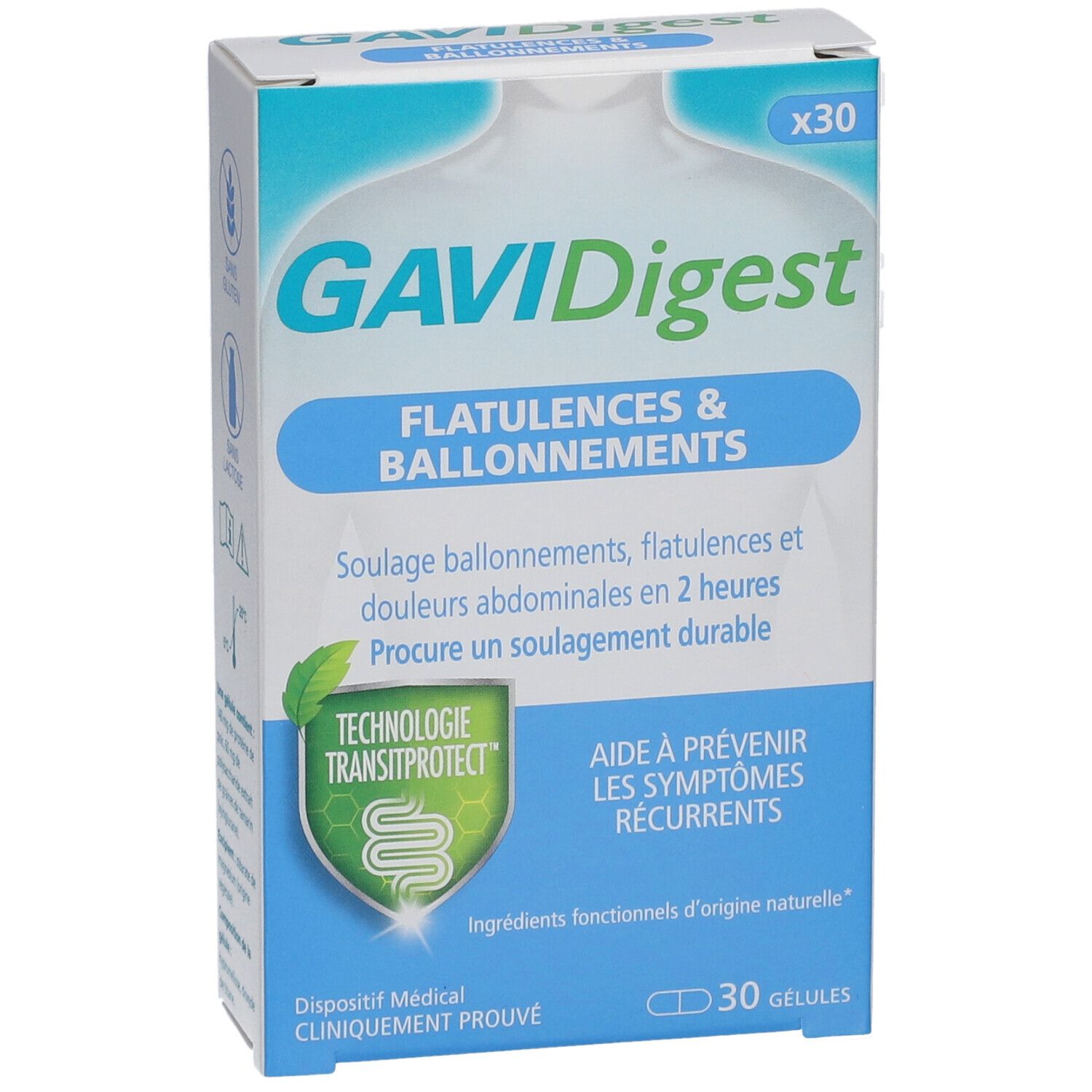 Boîte GAVIDigest. Boîte bleue et blanche avec nom du produit et indications pour les flatulences et ballonnements. 30 gélules.