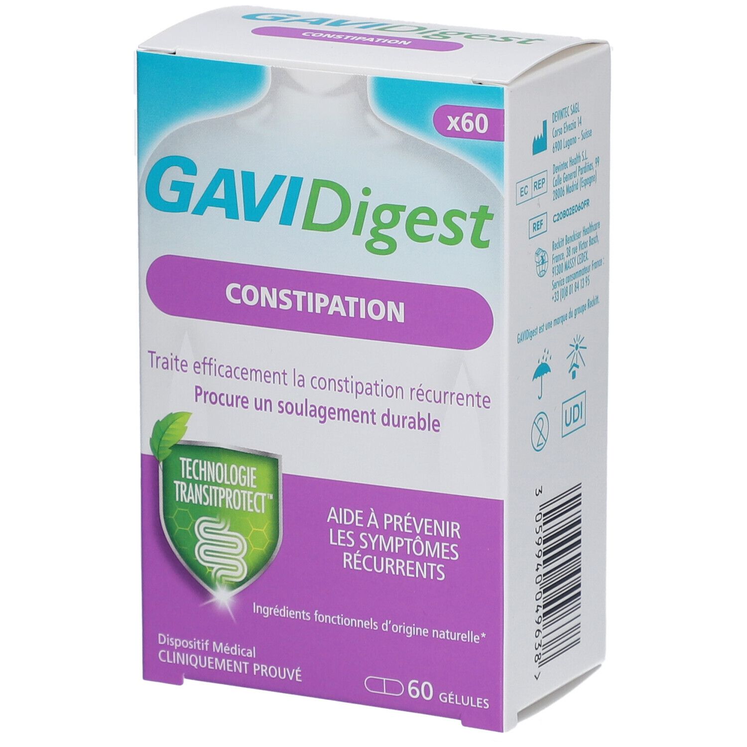 Boîte de GaviDigest Constipation. Blanche, bleue et violette. Contient 60 gélules. Dispositif médical. Texte: 'Constipation'.
