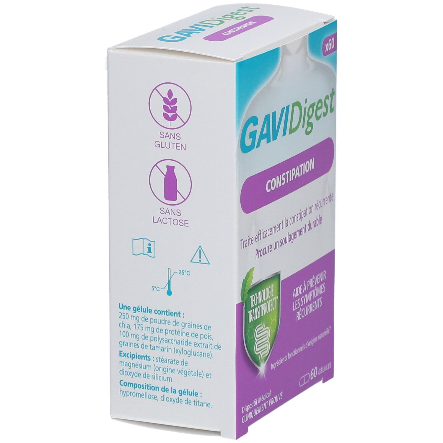 Boîte de GaviDigest Constipation. Côté avec texte et symboles. Contient 60 gélules. Sans gluten et sans lactose.