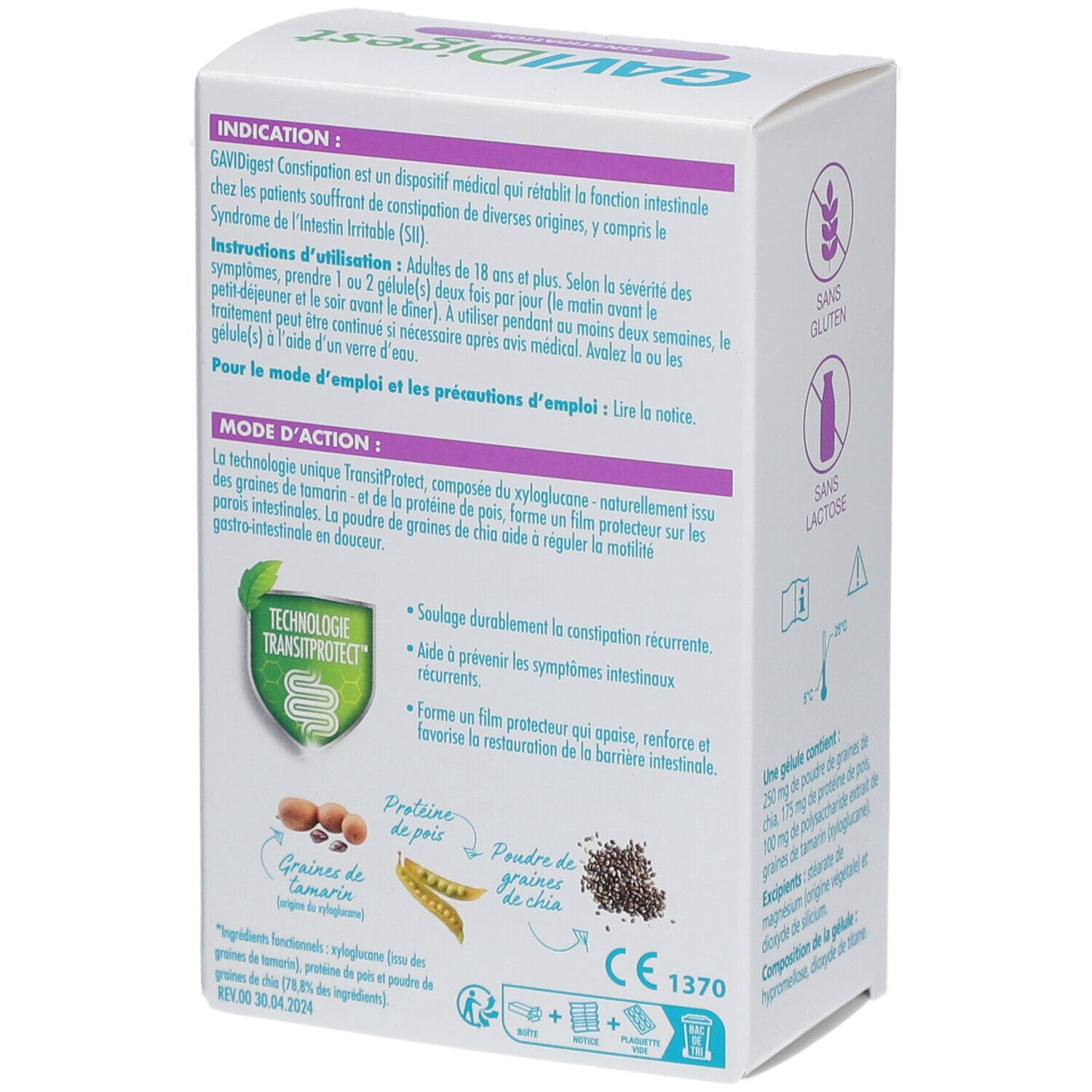 Boîte de GaviDigest Constipation. Arrière avec texte. Contient des informations sur l'utilisation et les ingrédients. Marquage CE.