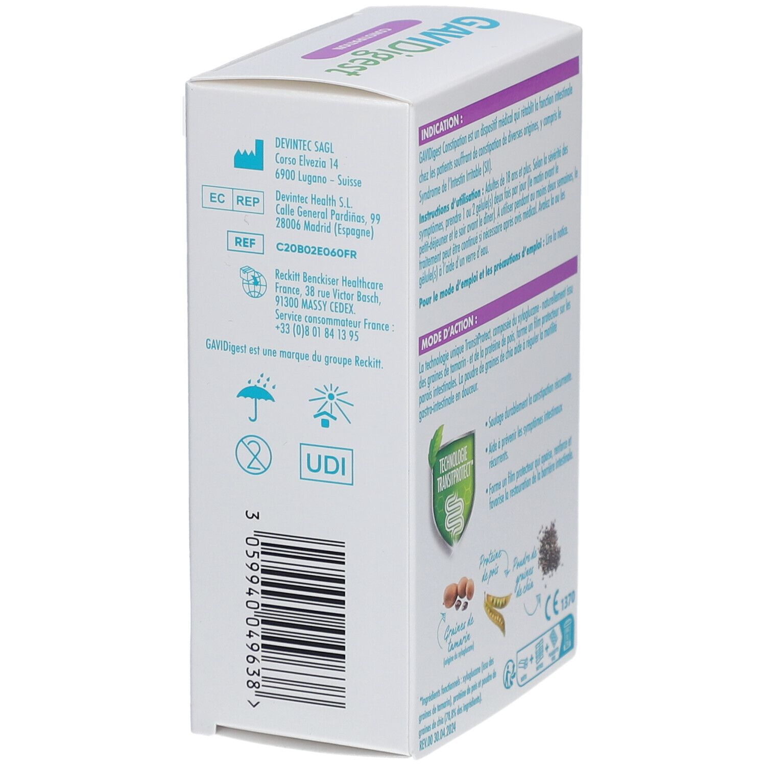 Boîte de GaviDigest Constipation. Côté avec texte et symboles. Contient des informations sur le fabricant et l'UDI.