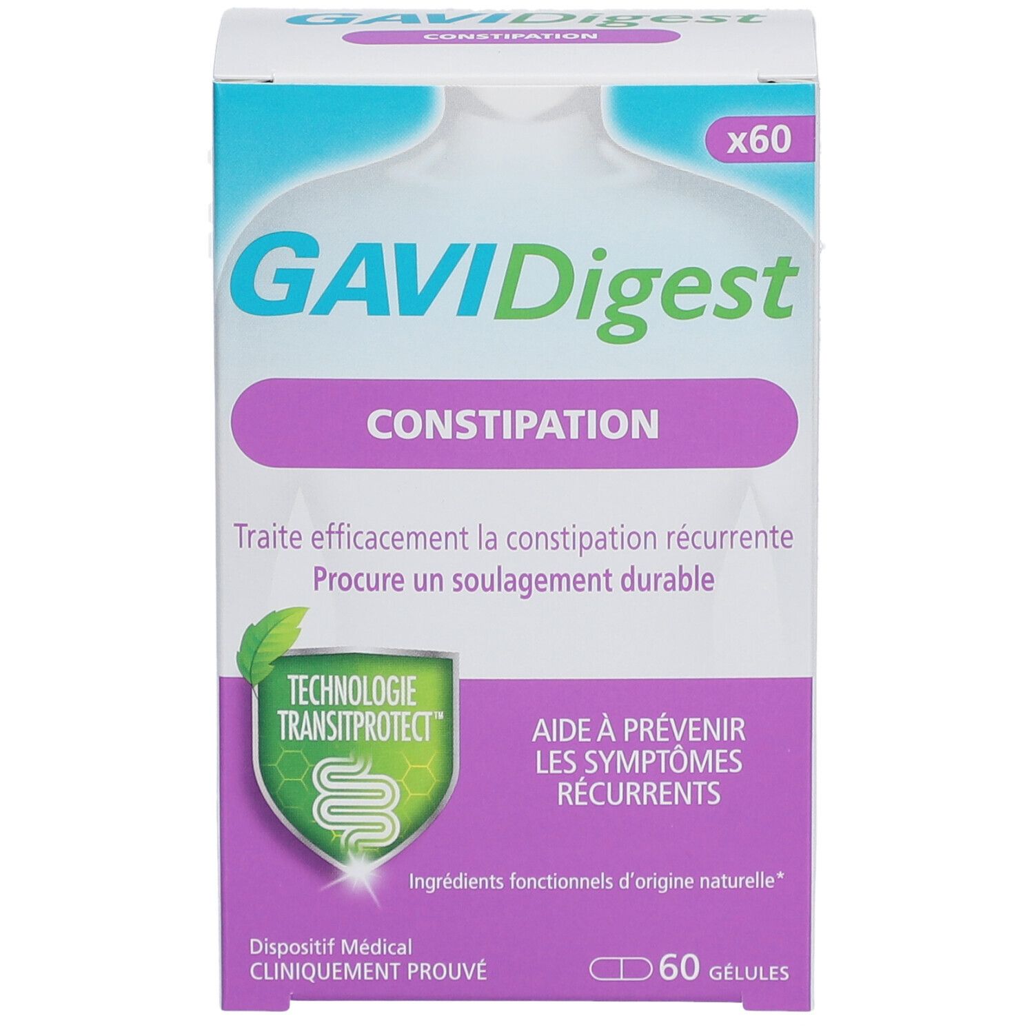 Boîte de GaviDigest Constipation. Blanche, bleue et violette. Contient 60 gélules. Dispositif médical. Texte: 'Constipation'.