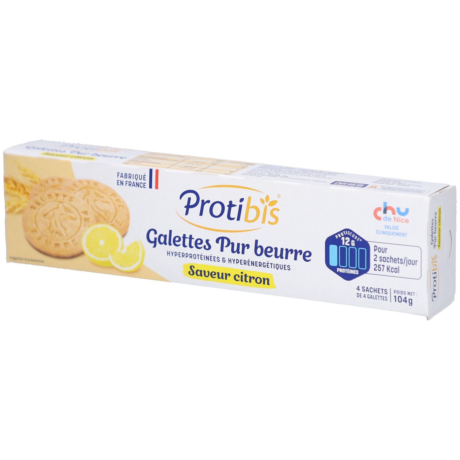 Boîte de PROTIBIS Galettes Pur beurre, saveur citron. Contient 4 sachets de 4 galettes. Inscriptions: 12x, 251 Kcal.