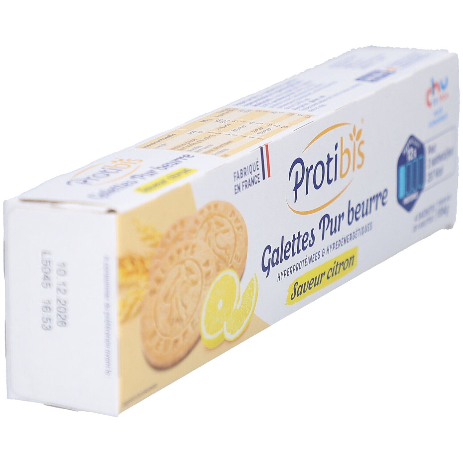 PROTIBIS Galettes Pur beurre, saveur citron, en boîte. Images de galettes et tranches de citron. Texte: Fabriqué en France.