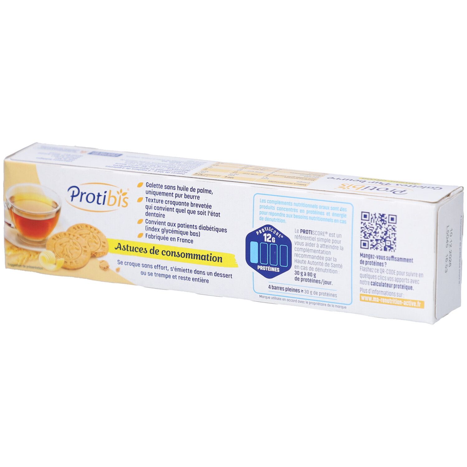Dos de l'emballage PROTIBIS Galettes Pur beurre. Texte: Astuces de consommation. Image: thé et galettes. Code QR.