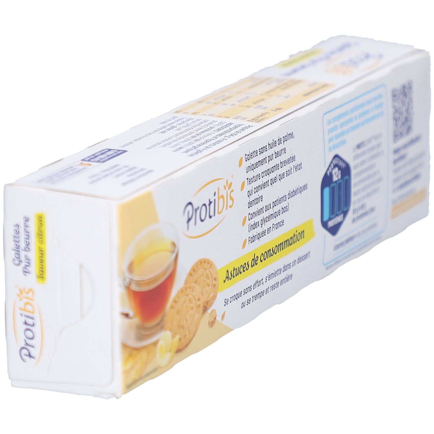 Vue latérale de l'emballage PROTIBIS Galettes Pur beurre. Texte: Astuces de consommation. Image: thé et galettes.