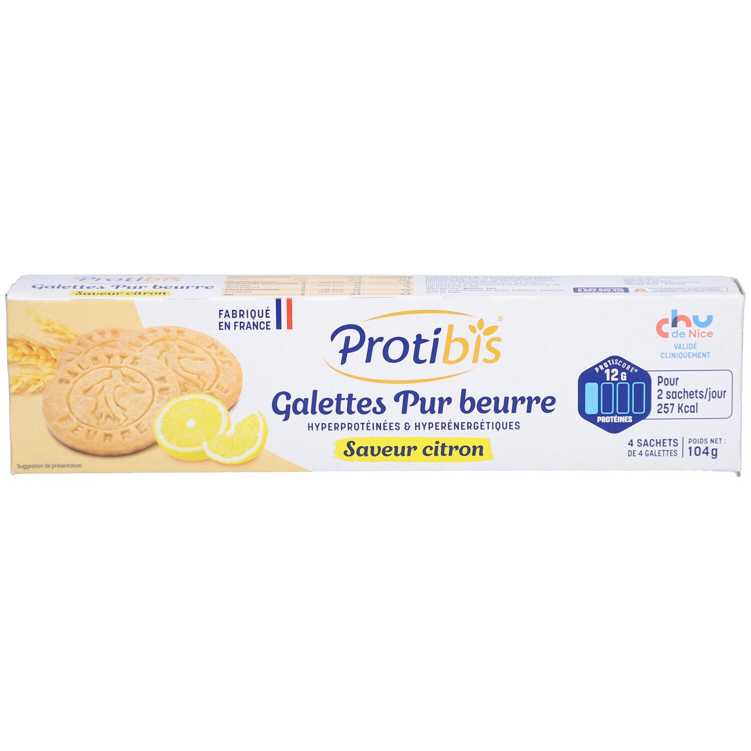 PROTIBIS Galettes Pur beurre, saveur citron, en boîte. Contient 4 sachets de 4 galettes. Inscriptions: 12x, 257 Kcal.