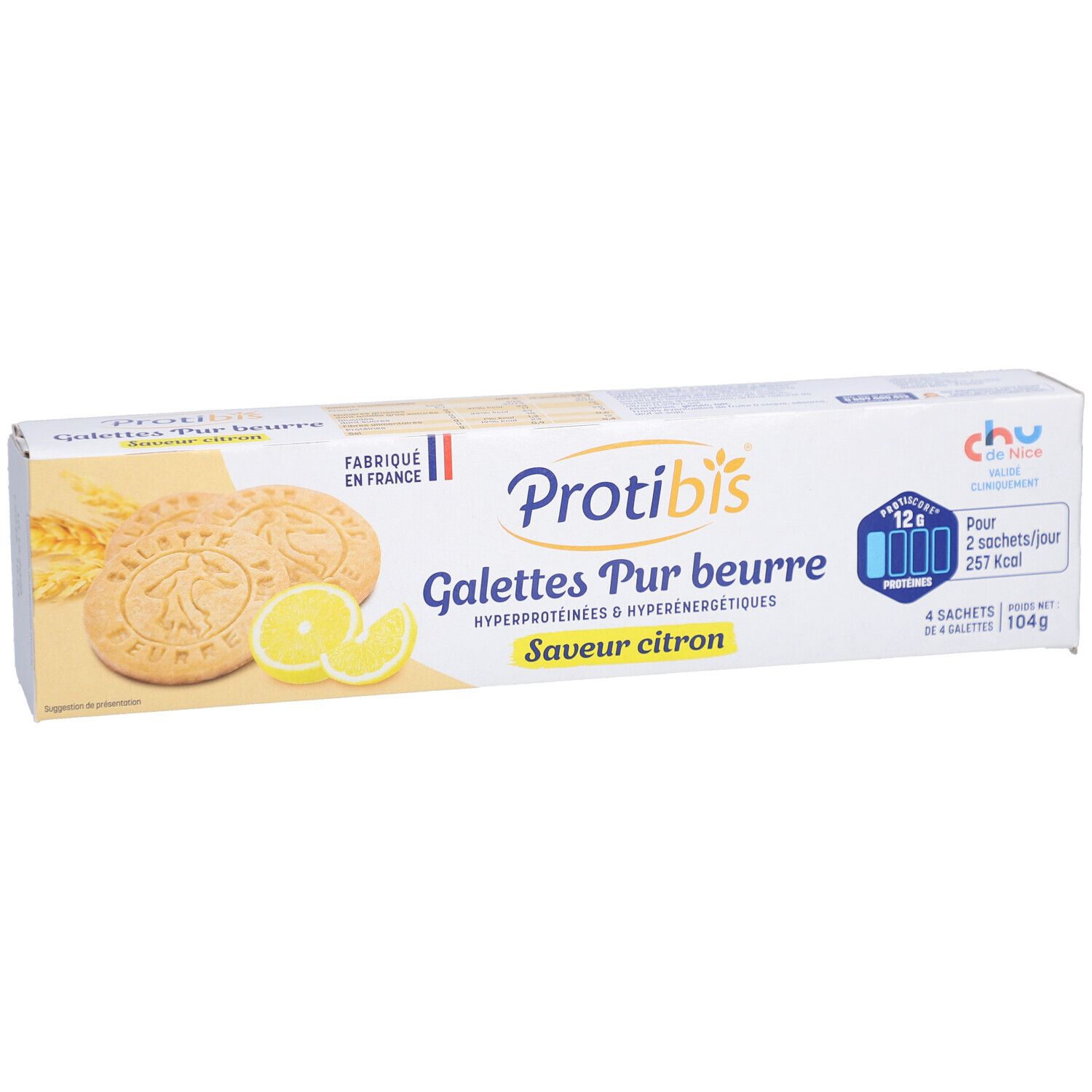 PROTIBIS Galettes Pur beurre, saveur citron, en boîte. Contient 4 sachets de 4 galettes. Inscriptions: 12x, 257 Kcal.