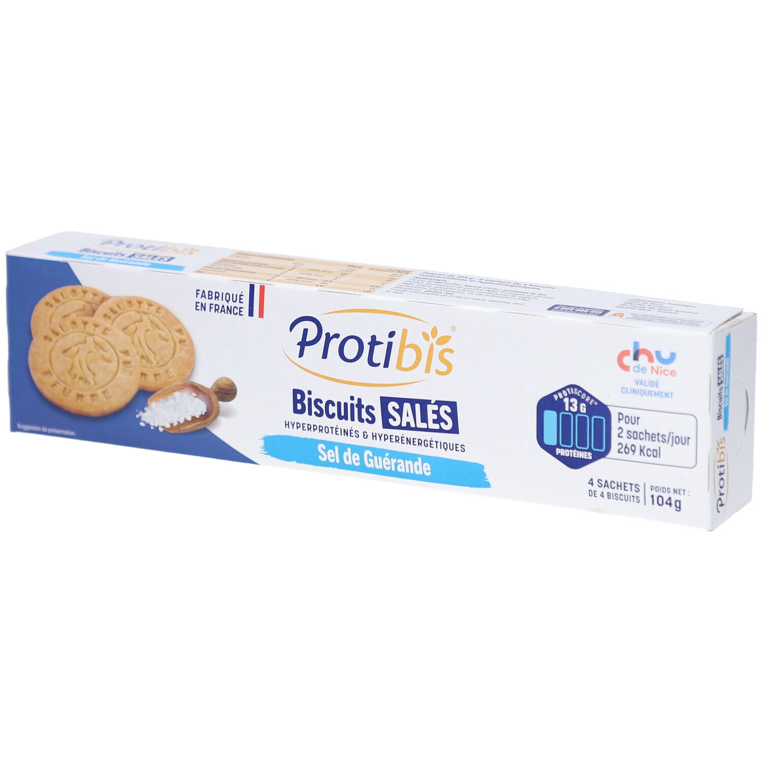 Boîte de Protibis Biscuits Salés. Emballage blanc et bleu avec biscuits, sel et informations produit.