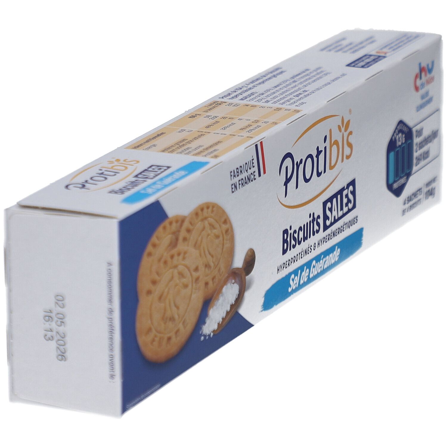 Boîte Protibis Biscuits Salés en biais. Impression avec biscuits, sel, nom du produit et informations.