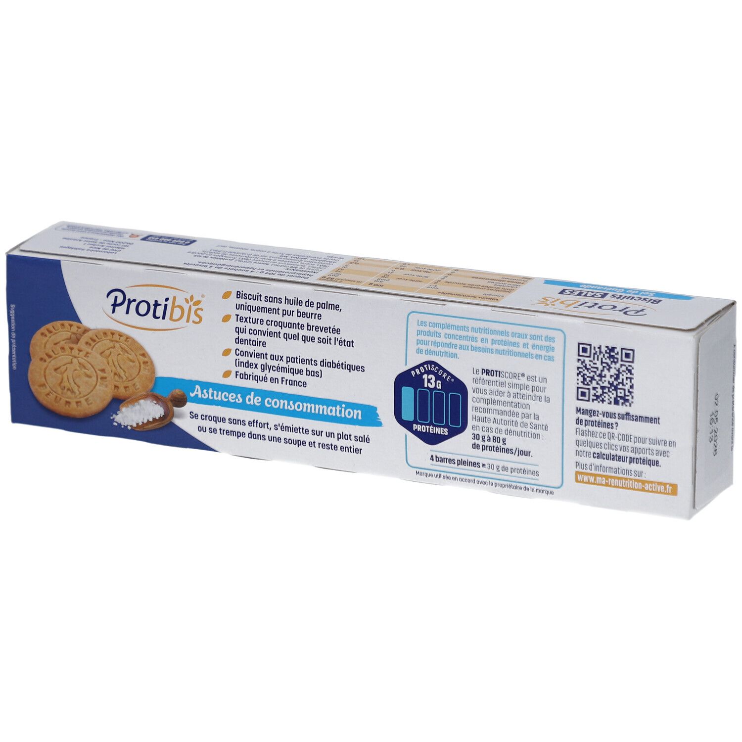 Dos de l'emballage Protibis Biscuits Salés. Texte avec informations produit et code QR.