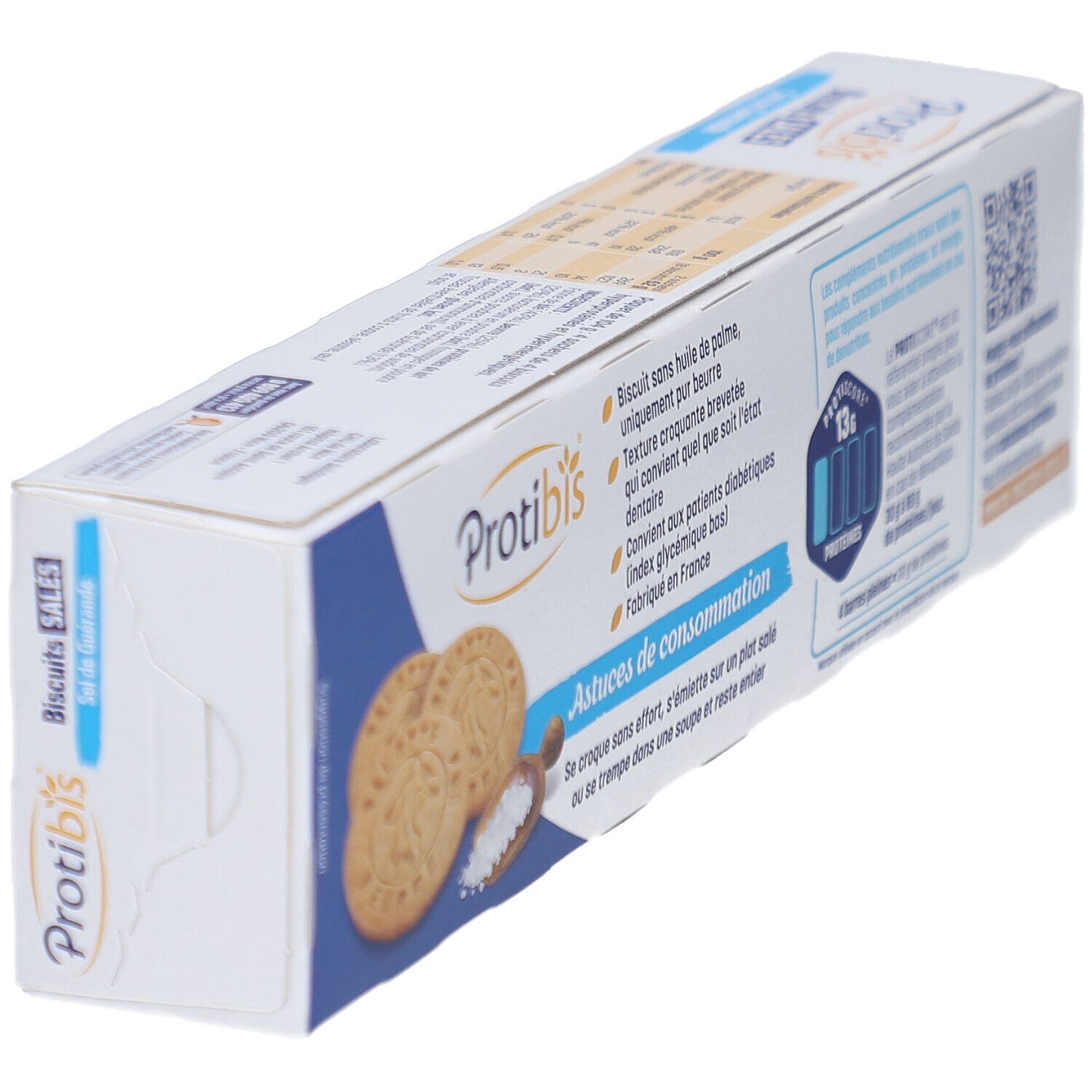 Boîte Protibis Biscuits Salés en biais. Arrière avec informations produit et code QR.