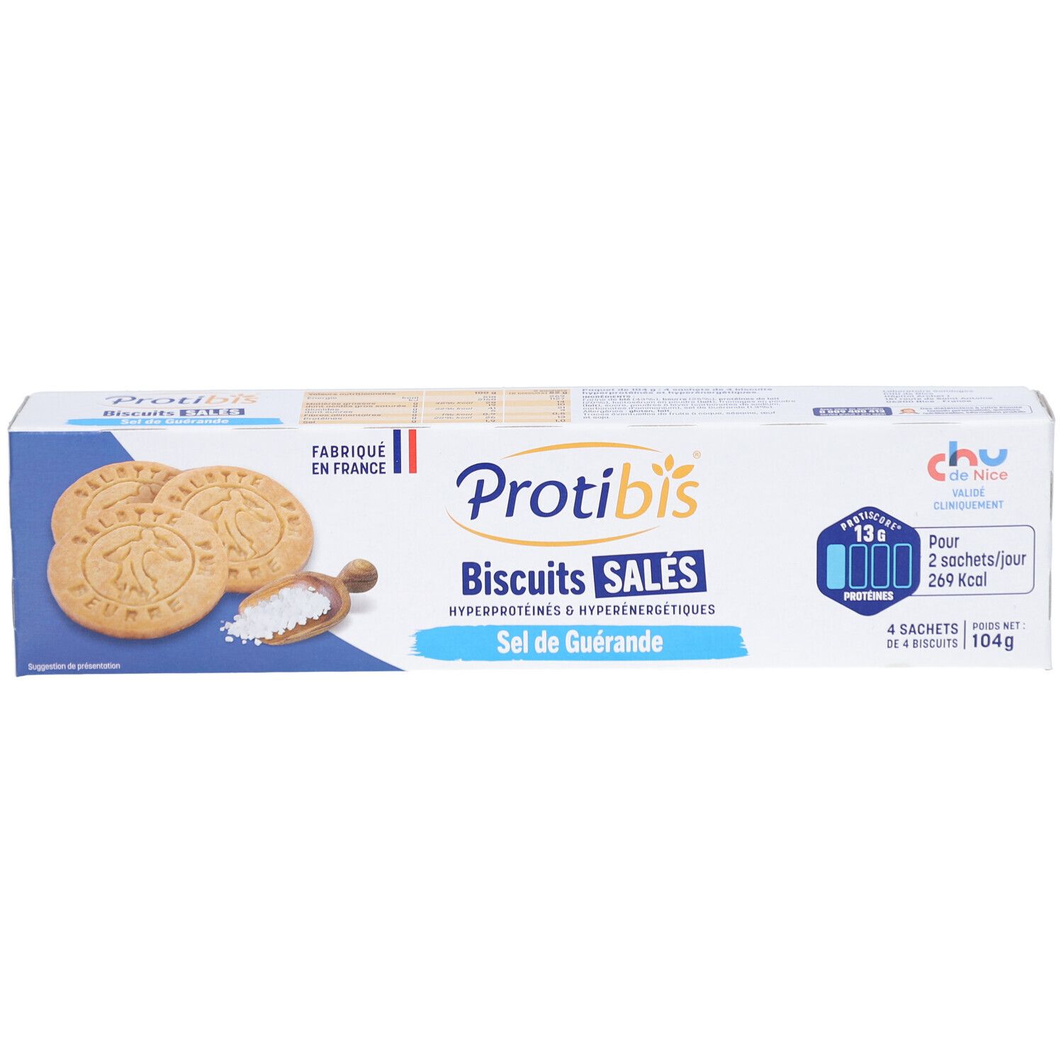 Emballage Protibis Biscuits Salés. Boîte blanche et bleue avec biscuits, sel et informations produit.