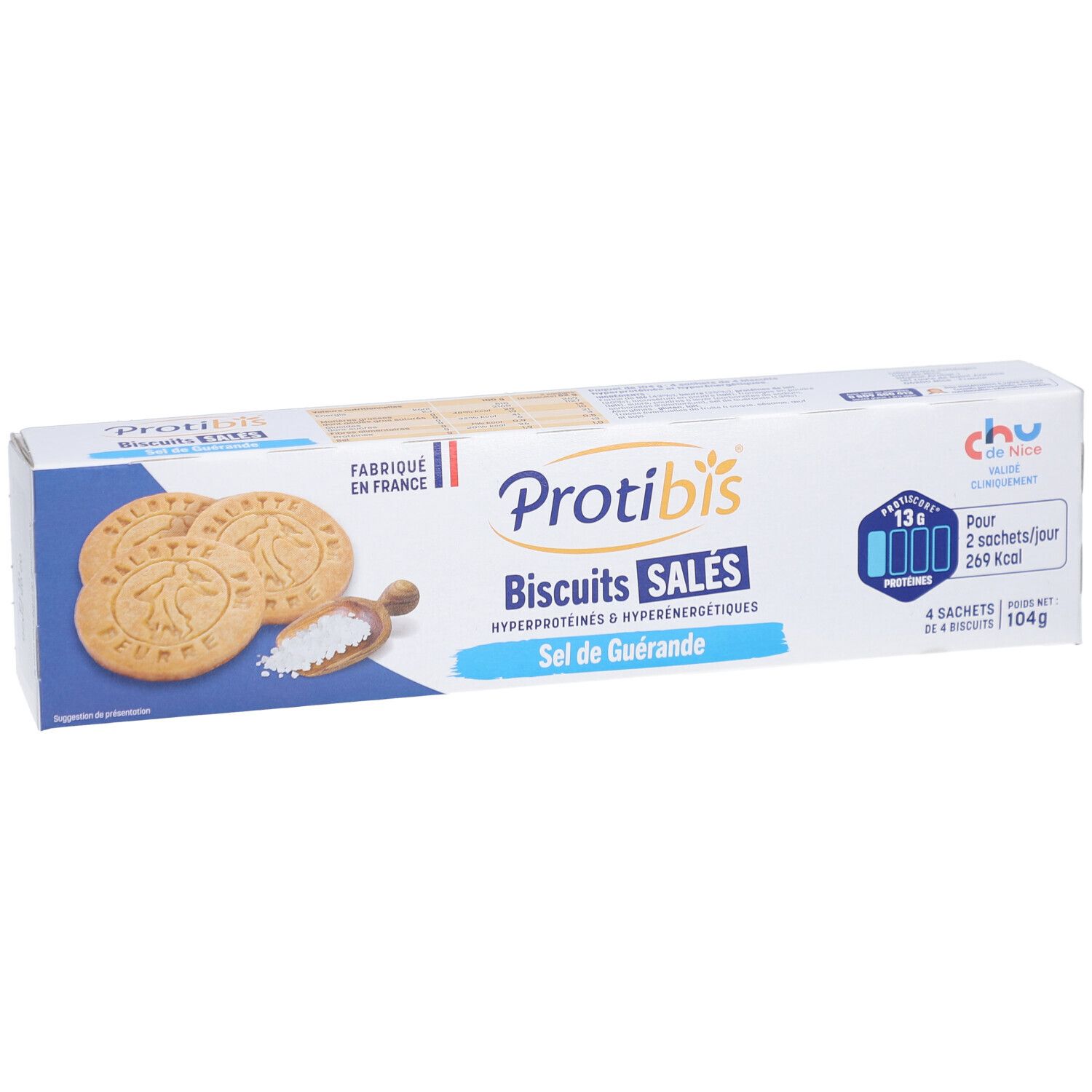 Emballage Protibis Biscuits Salés. Boîte blanche et bleue avec biscuits, sel et informations produit.