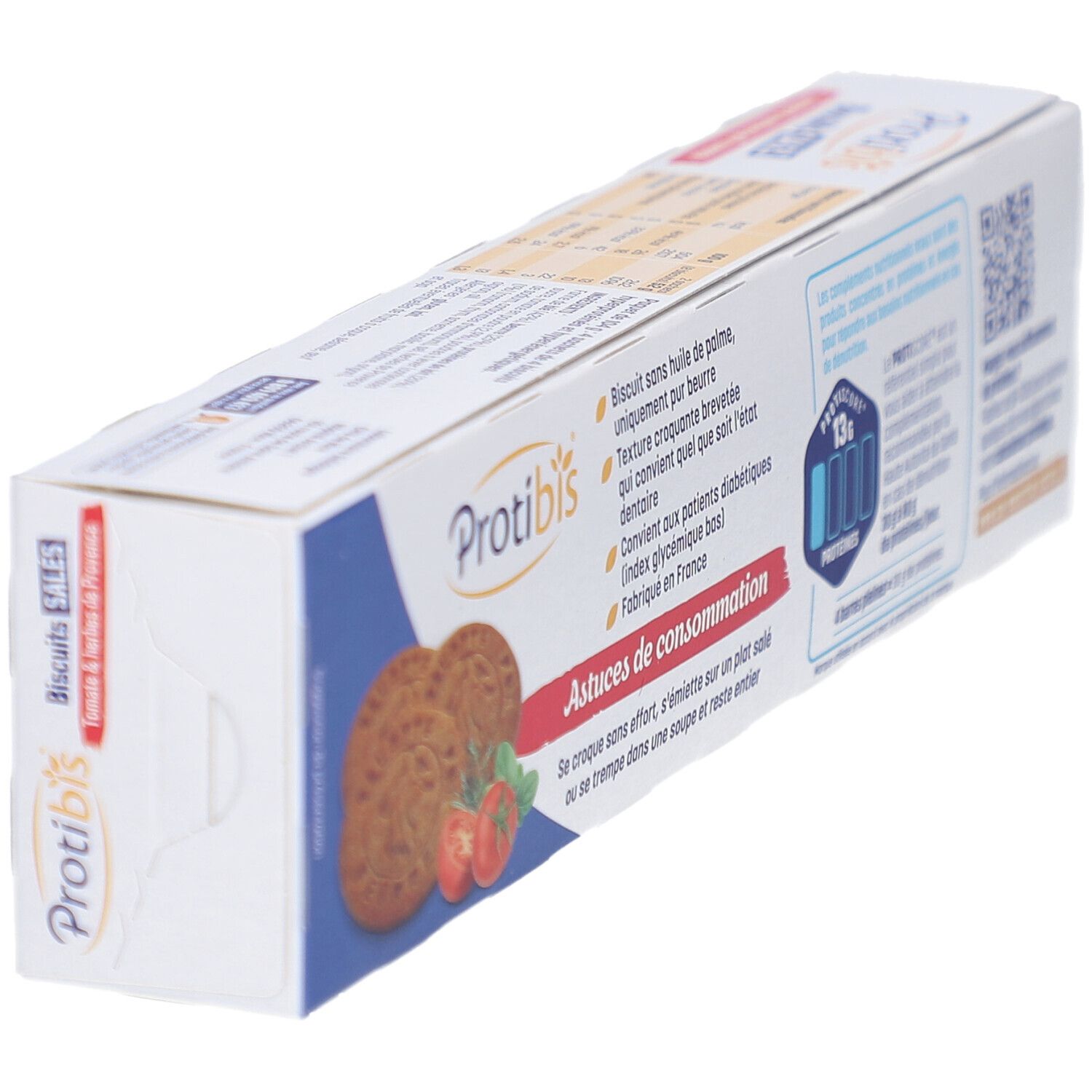 Vue en biais de la boîte Protibis Biscuits Salés. Montre informations produit et texte. Fabriqué en France.