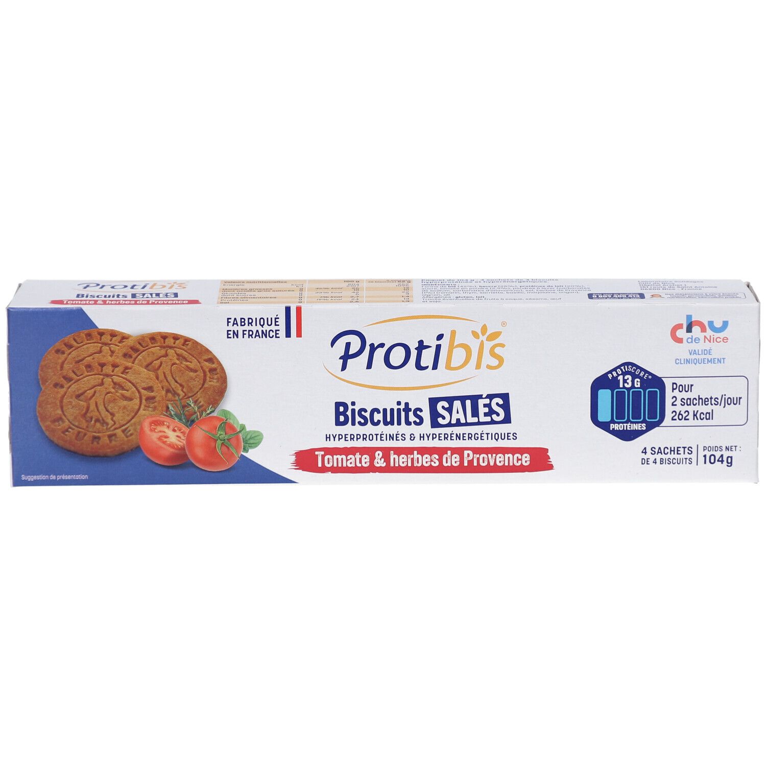 Boîte Protibis Biscuits Salés. Montre biscuits, tomates et herbes. Contient informations nutritionnelles et portions.
