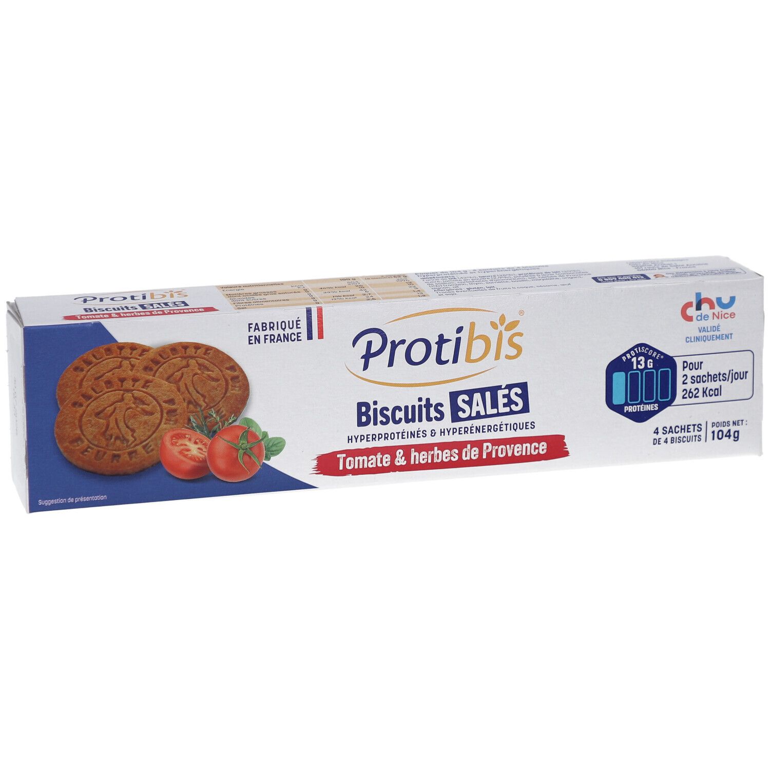Boîte Protibis Biscuits Salés. Montre biscuits, tomates et herbes. Contient informations nutritionnelles et portions.