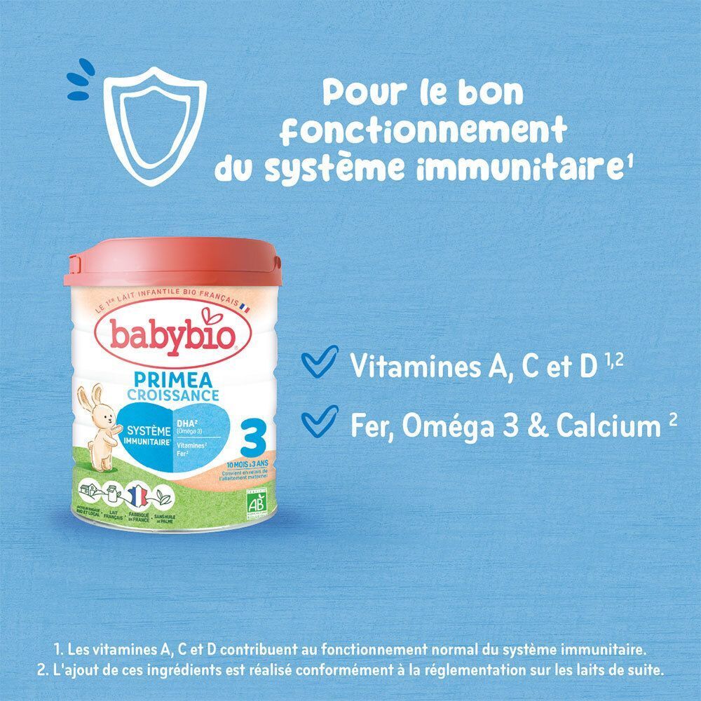 Lait infantile BABYBIO Priméa Croissance, stade 3, avec vitamines A, C, D, fer, oméga 3 et calcium.
