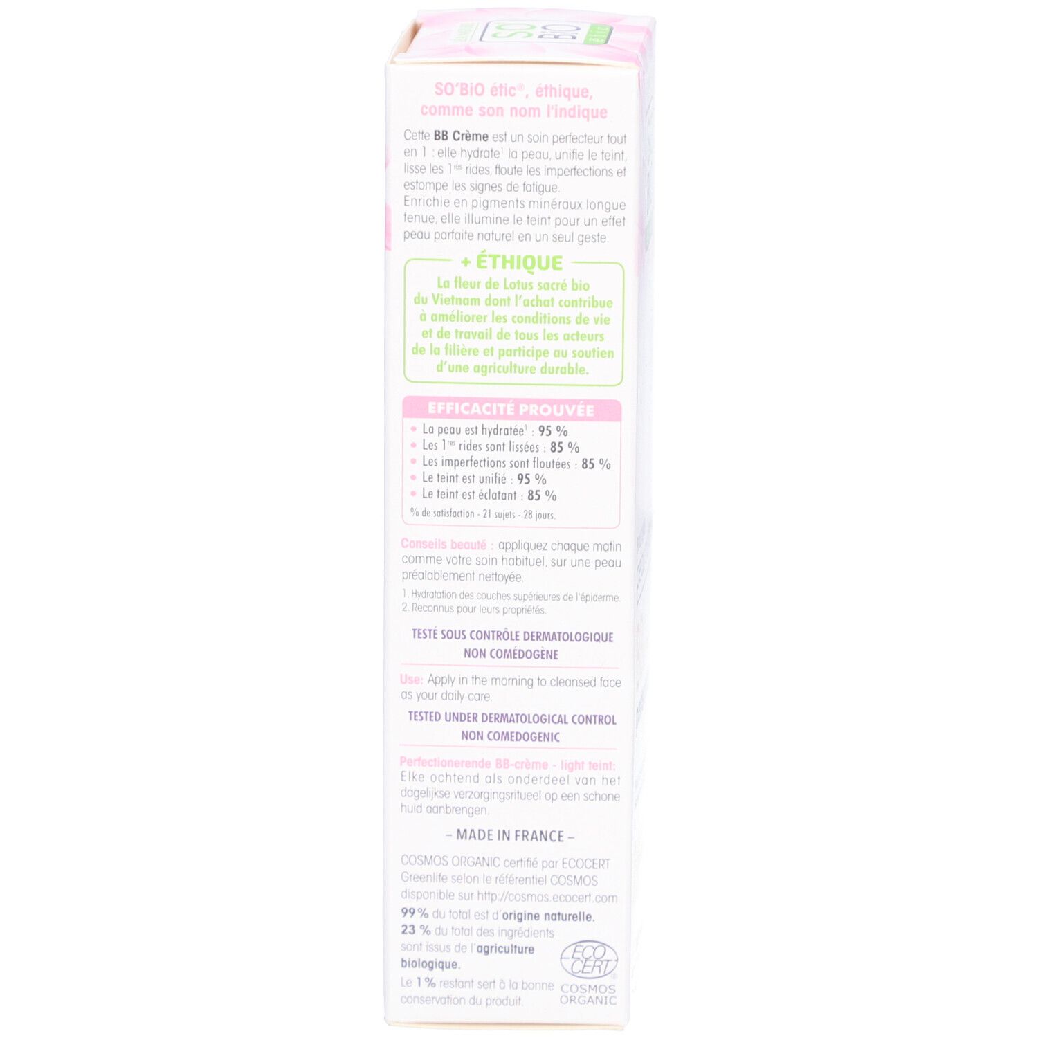 Emballage du produit. Texte en français. Certification bio. Ingrédients.