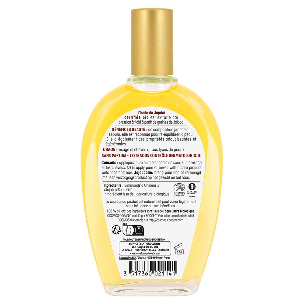 Dos du flacon d'huile de Jojoba SO BIO ETIC. Texte sur étiquette blanche. Informations sur ingrédients et utilisation.
