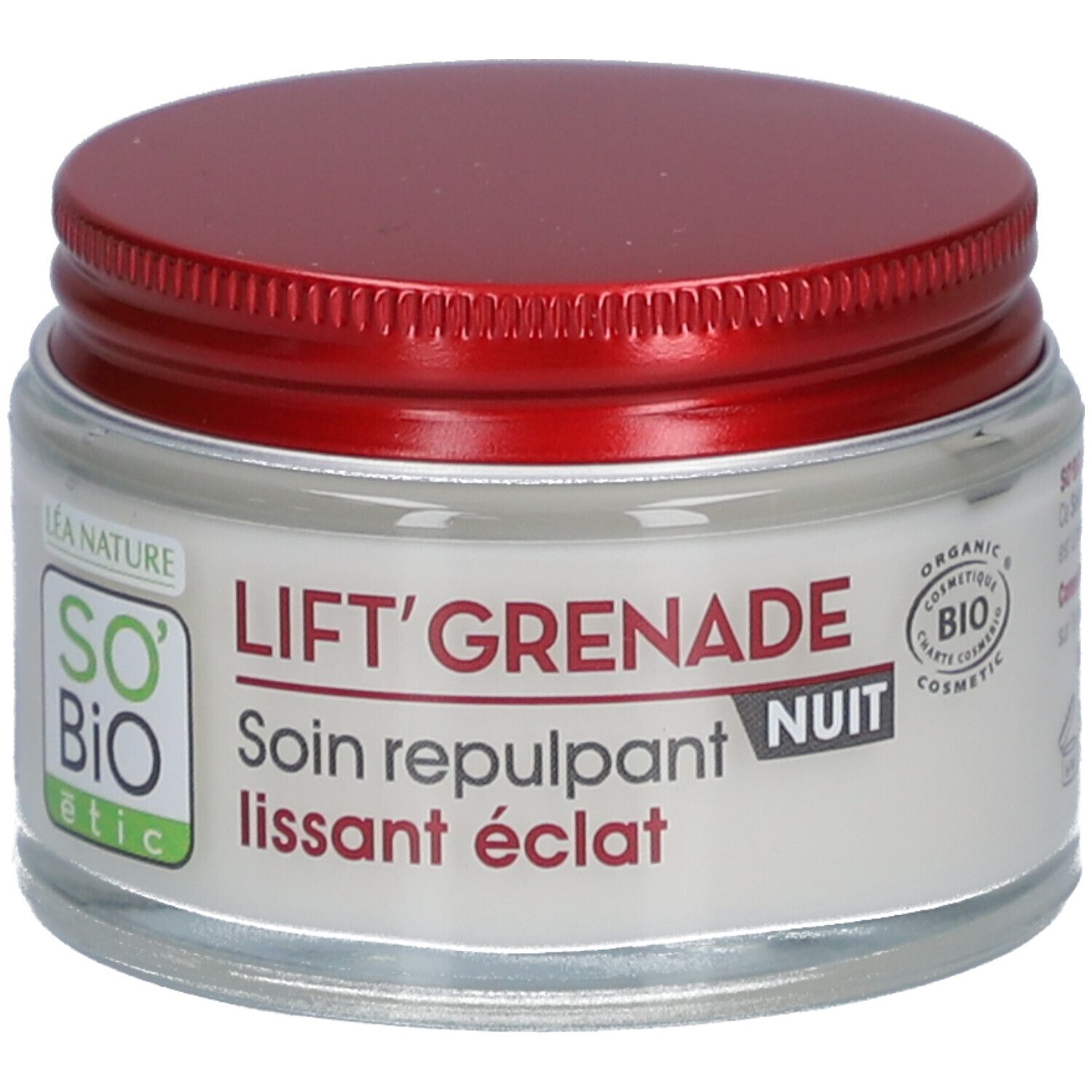 Pot de crème avec couvercle rouge. Inscription : LIFT'GRENADE NUIT, Soin repulpant lissant éclat. Logo SO'BiO étic.