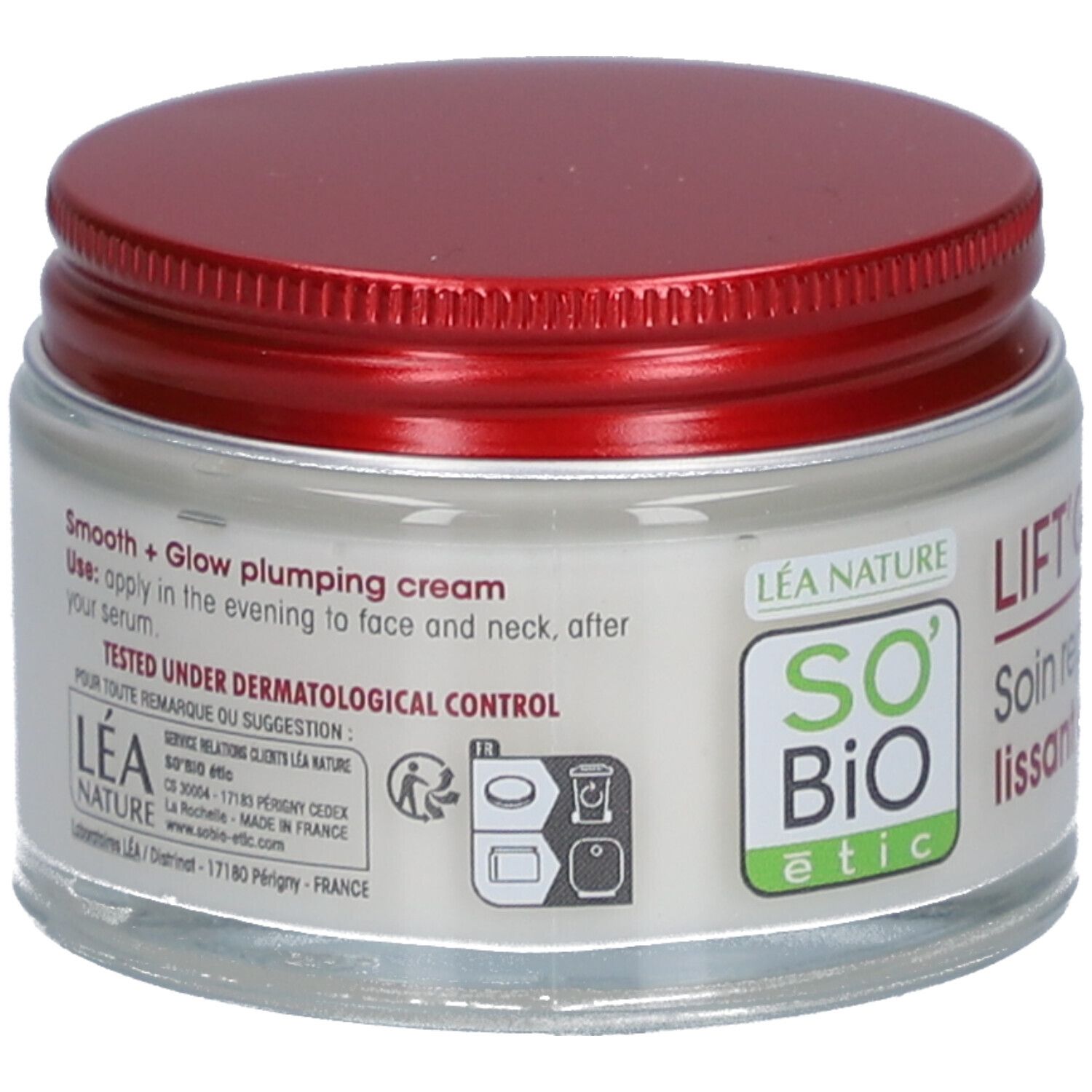 Pot de crème avec couvercle rouge. Inscription : SO'BiO étic. Texte : Smooth + Glow plumping cream. Testé sous contrôle dermatologique.