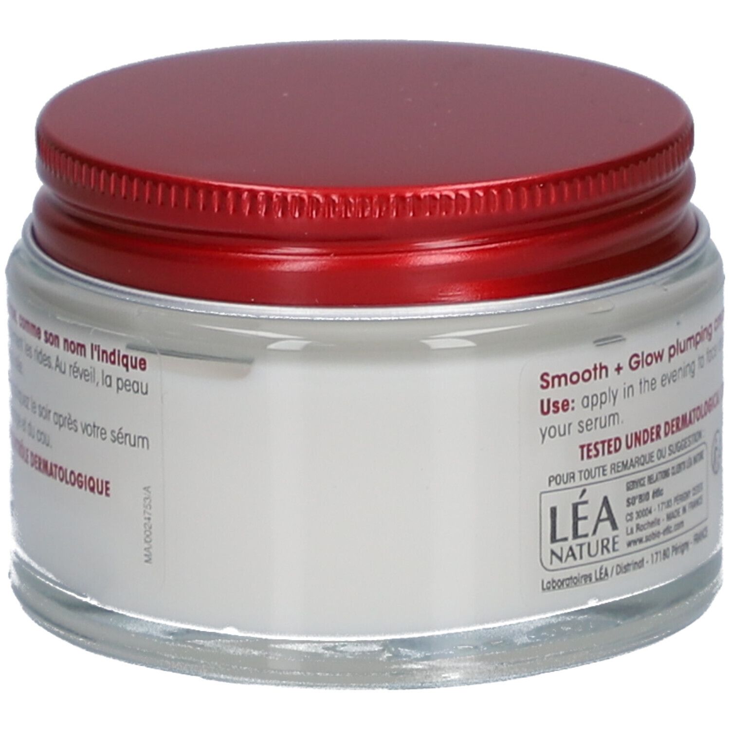 Pot de crème avec couvercle rouge. Inscription : SO'BiO étic. Texte : Smooth + Glow plumping cream. Testé sous contrôle dermatologique.
