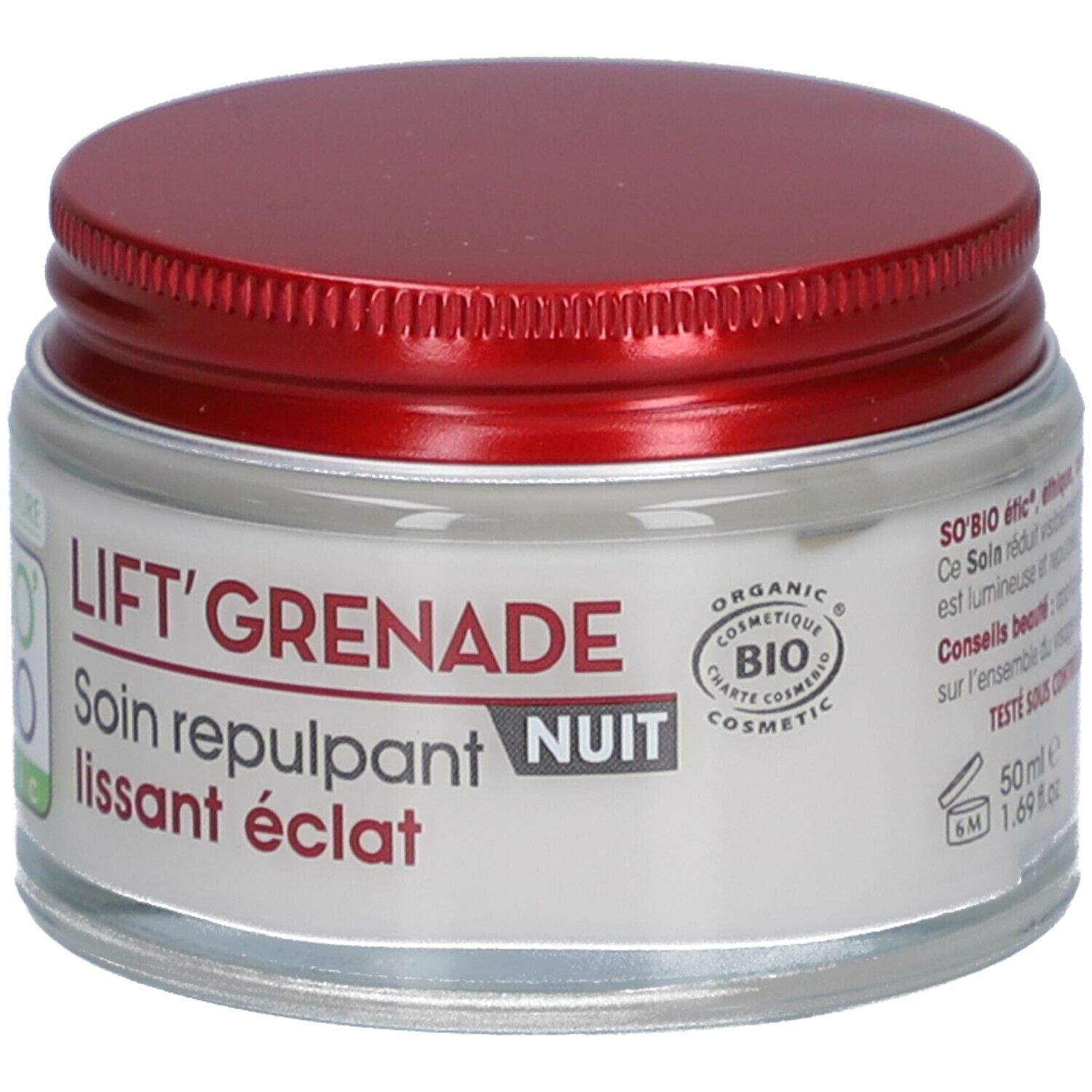 Pot de crème avec couvercle rouge. Inscription : LIFT'GRENADE NUIT, Soin repulpant lissant éclat. Certification bio.