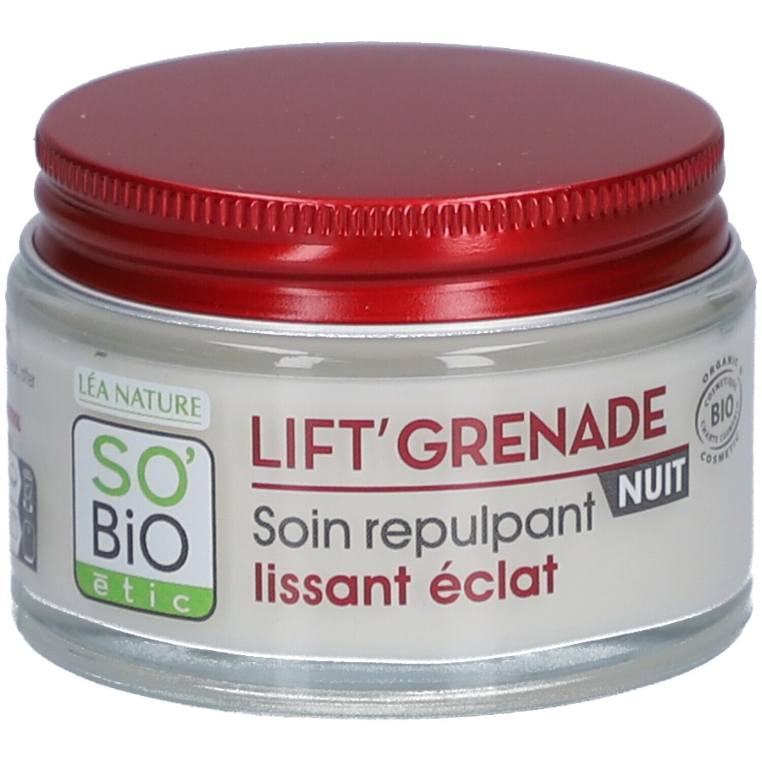 Pot de crème avec couvercle rouge. Inscription : LIFT'GRENADE NUIT, Soin repulpant lissant éclat. Logo SO'BiO étic.