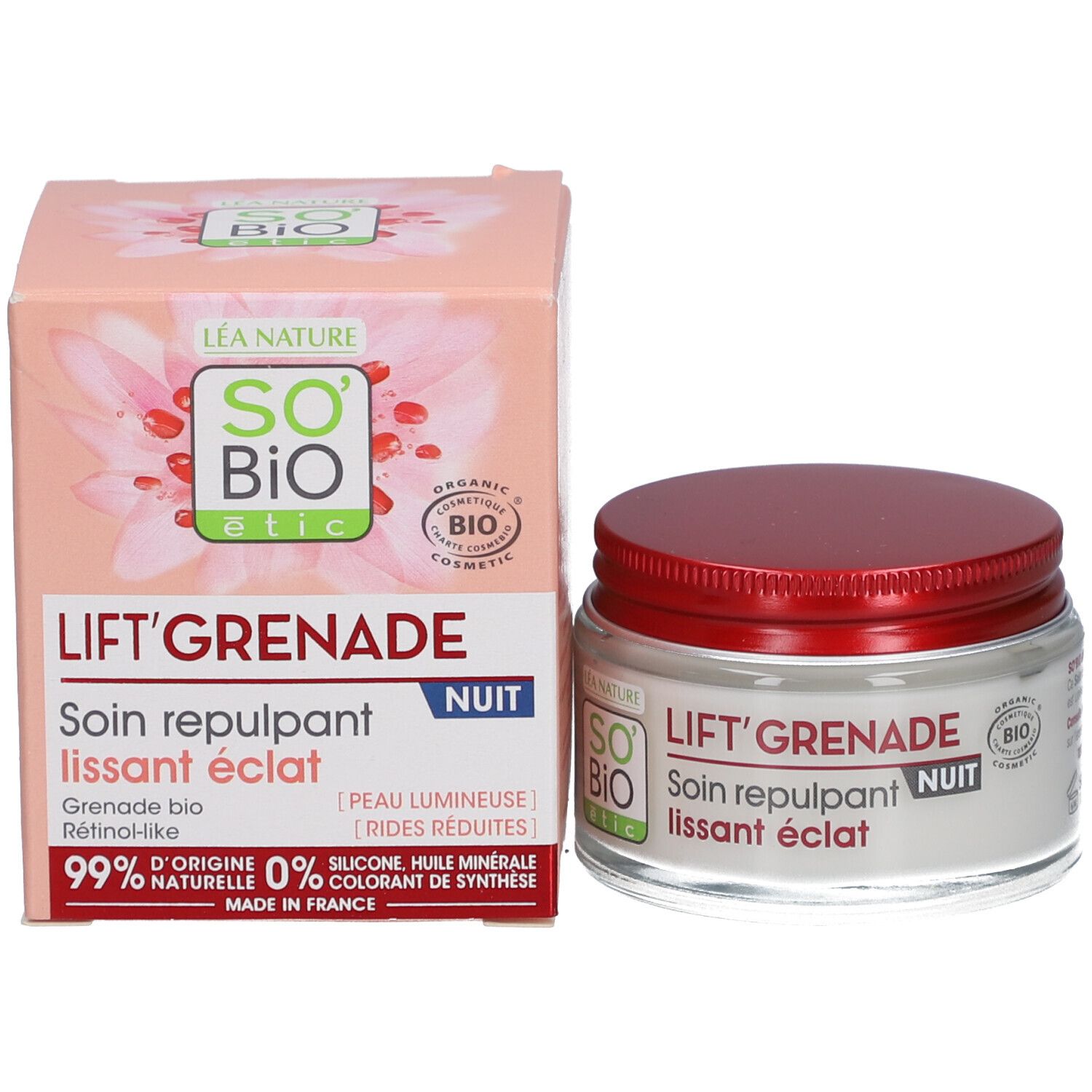 Pot de crème et boîte. Inscription : LIFT'GRENADE NUIT, Soin repulpant lissant éclat. Logo SO'BiO étic. Certification bio.