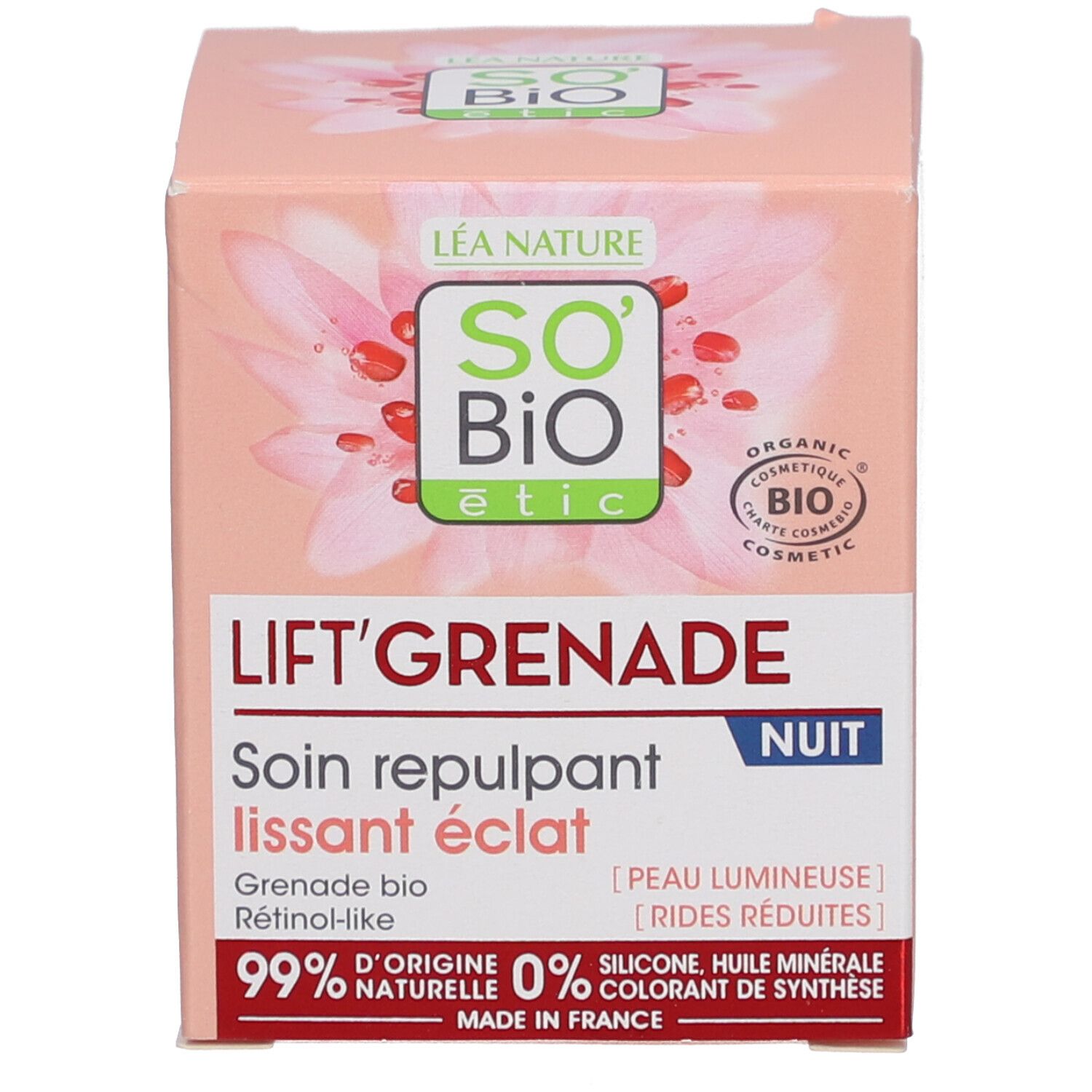 Boîte avec inscription : LIFT'GRENADE NUIT, Soin repulpant lissant éclat. Logo SO'BiO étic. Certification bio.