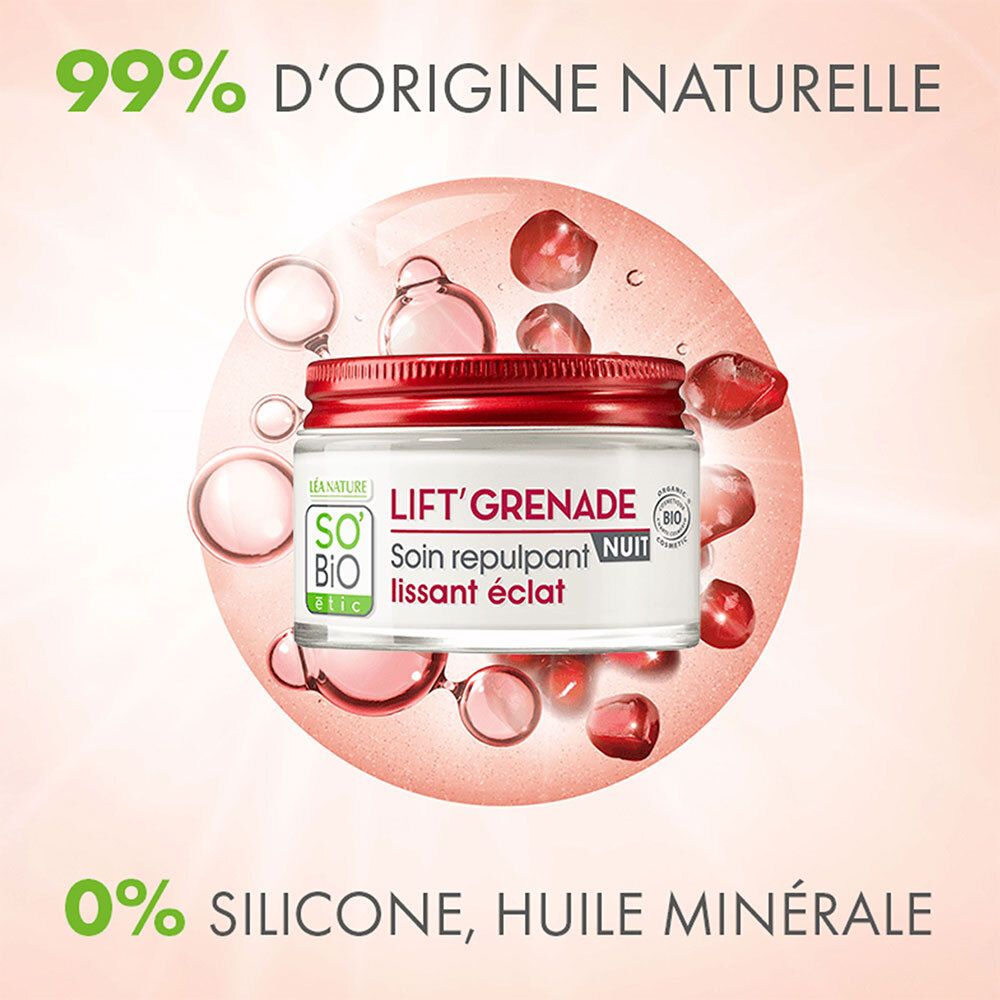 Produit avec grenade et bulles. Texte: 99% d'origine naturelle, 0% silicone, huile minérale.
