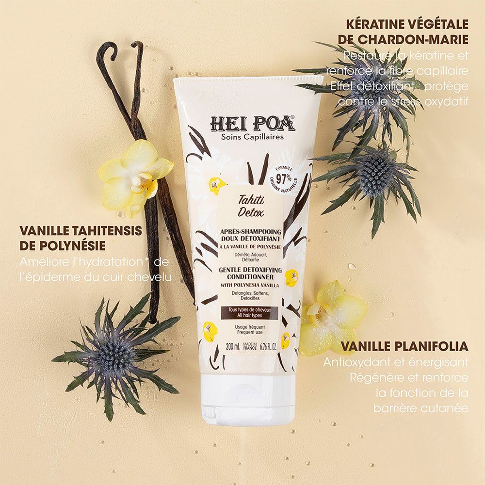 Tube HEI POA Tahiti Detox avec vanille et fleurs. Contient: Kératine végétale de chardon-Marie, Vanille de Polynésie, Vanille planifolia.