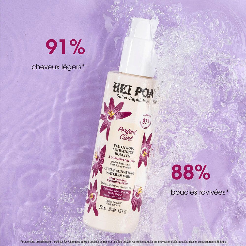 Flacon HEI POA Perfect Curl. Texte : 91% cheveux légers, 88% boucles ravivées. Fond : eau.