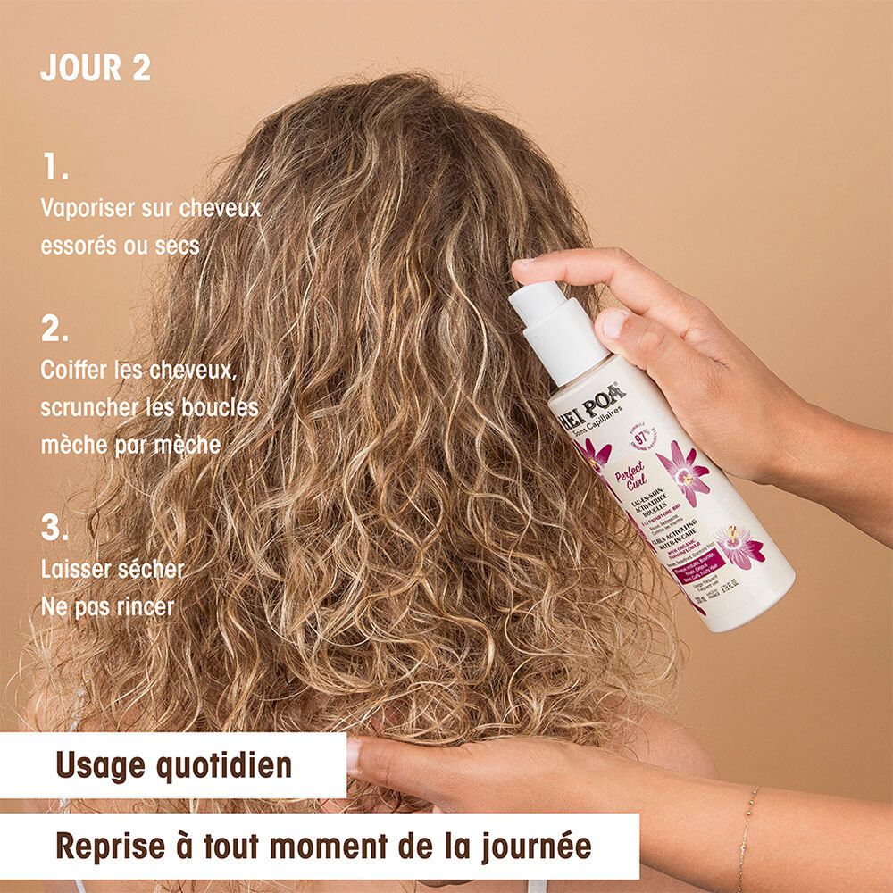 Étapes d'utilisation : vaporiser, froisser, laisser sécher. Produit : HEI POA Perfect Curl.