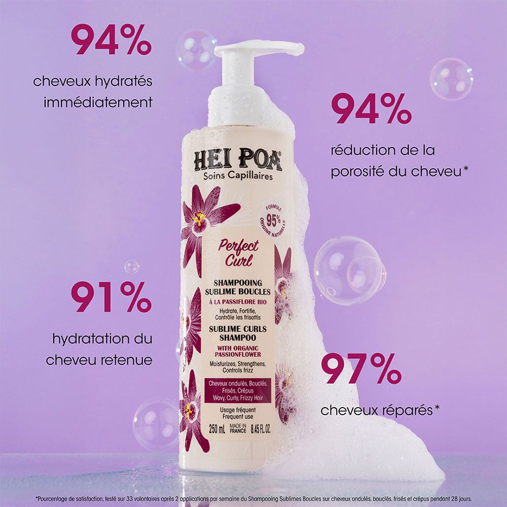 Shampooing Sublime Boucles HEI POA. Texte: 94% cheveux hydratés, 94% moins de porosité, 91% hydratation, 97% cheveux réparés.