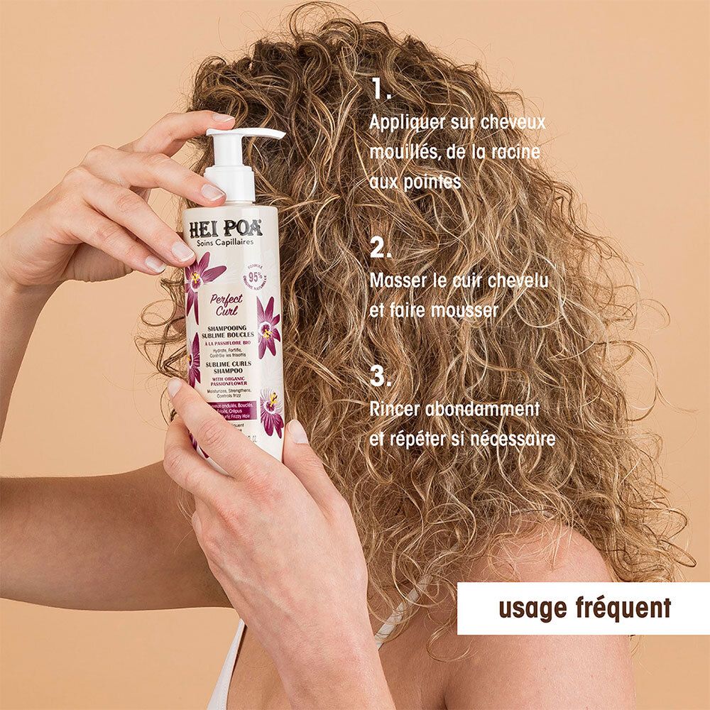 Utilisation du Shampooing Sublime Boucles HEI POA. 3 étapes: Appliquer, masser, rincer.