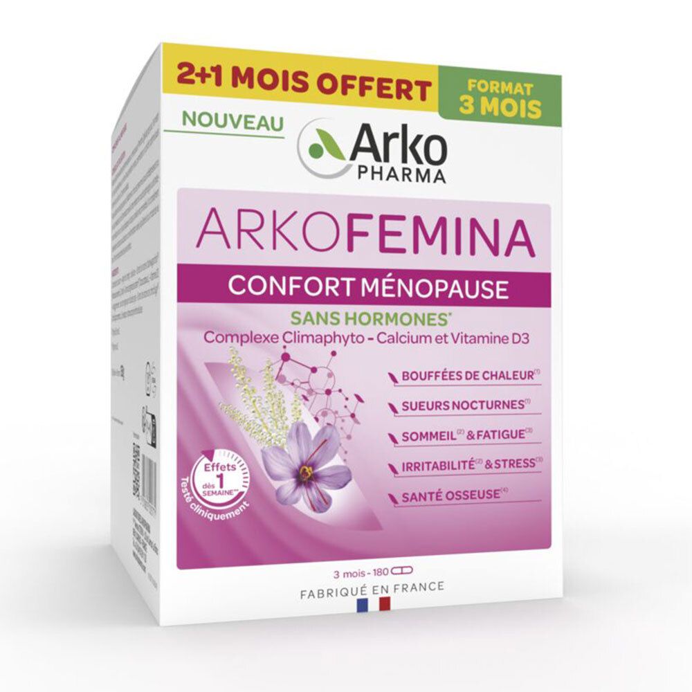Boîte ARKOFEMINA. Inscription et logo. Contient des comprimés pour la ménopause. Sans hormones.