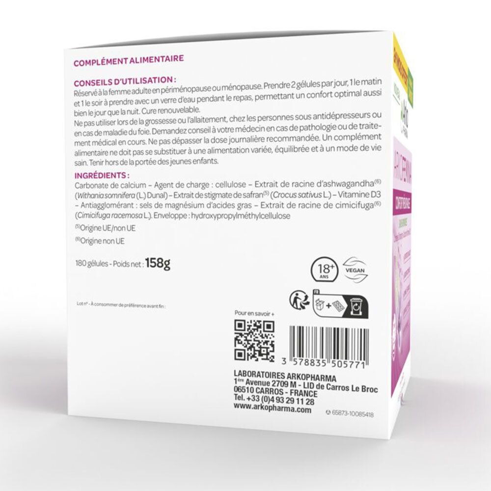 Dos de la boîte avec texte. Informations sur l'utilisation et les ingrédients. Contient des codes QR.