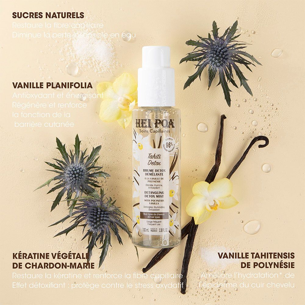 HEI POA Tahiti Detox Brume Detox Démêlante avec vanille et fleurs. Produit sur fond beige.